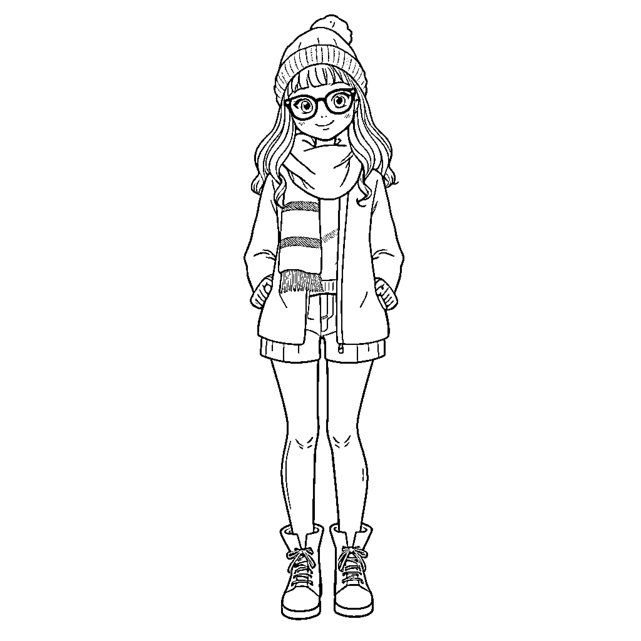 Fall Fashion Forward with Cozy Attire Coloring Page (free black-and-white line drawing printable PDF for all, from beginners to advanced learners, including children, teens, adults, and seniors)