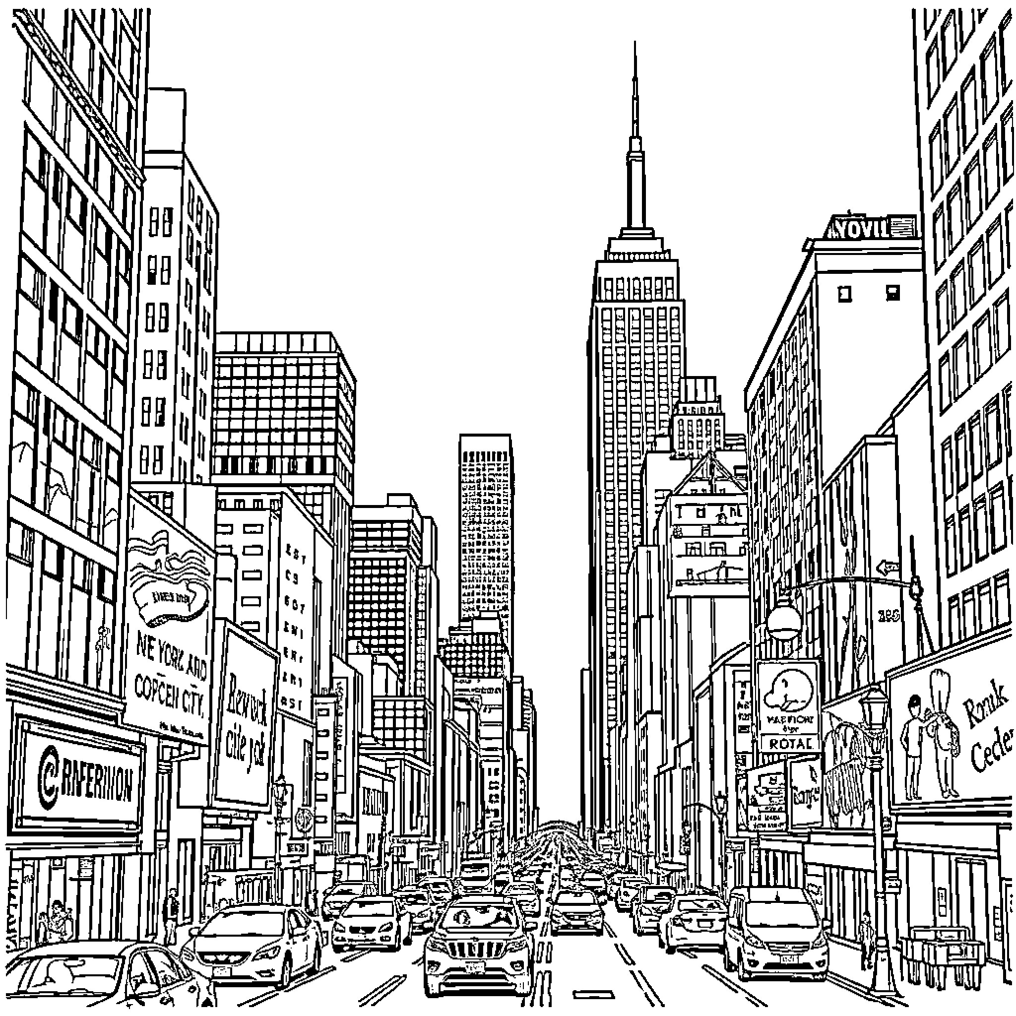 New York City bustling with skyscrapers and traffic Coloring Page (free black-and-white line drawing printable PDF for all, from beginners to advanced learners, including children, teens, adults, and seniors)