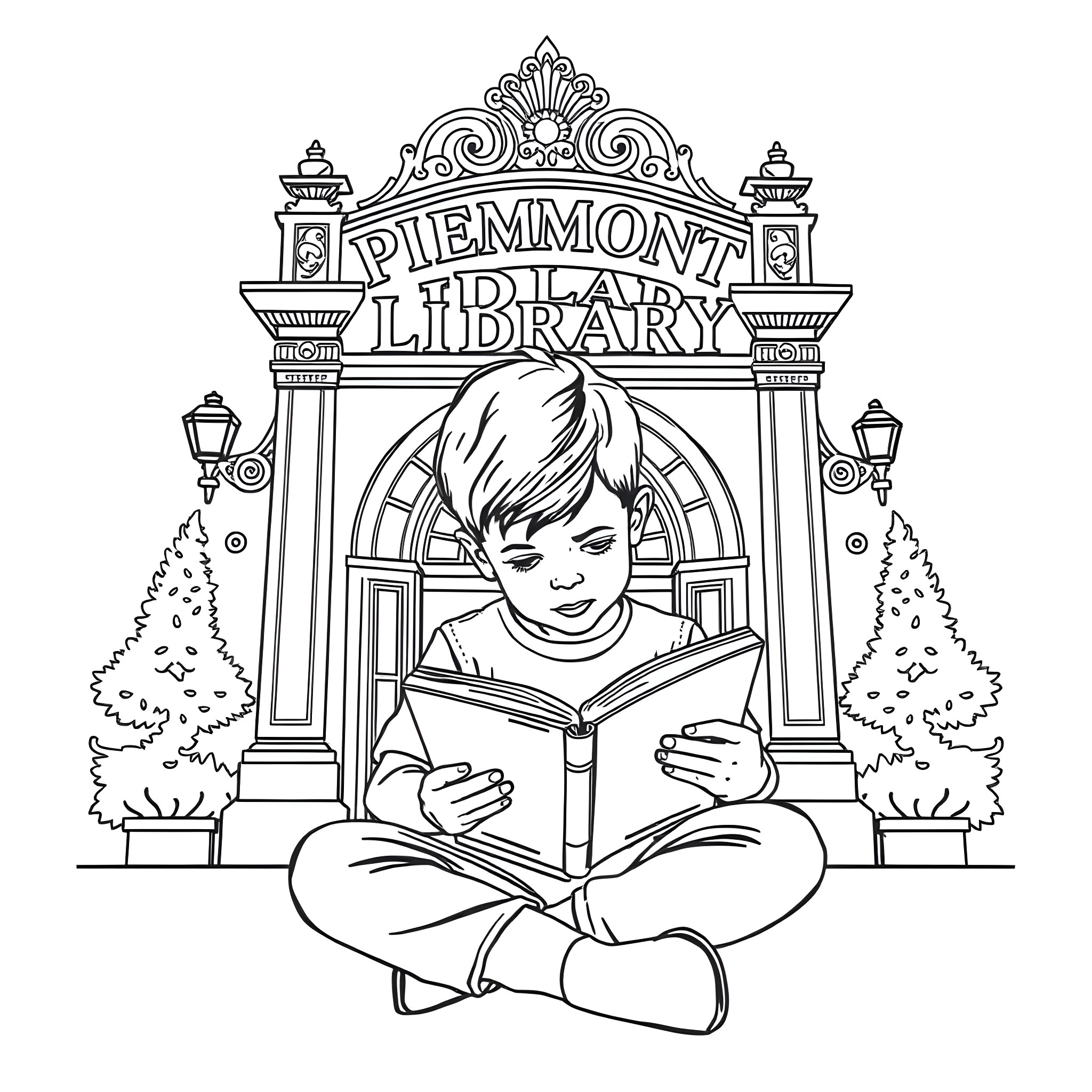 Boy reading a book outside the Piemmont Library Coloring Page (free black-and-white line drawing printable PDF for all, from beginners to advanced learners, including children, teens, adults, and seniors)