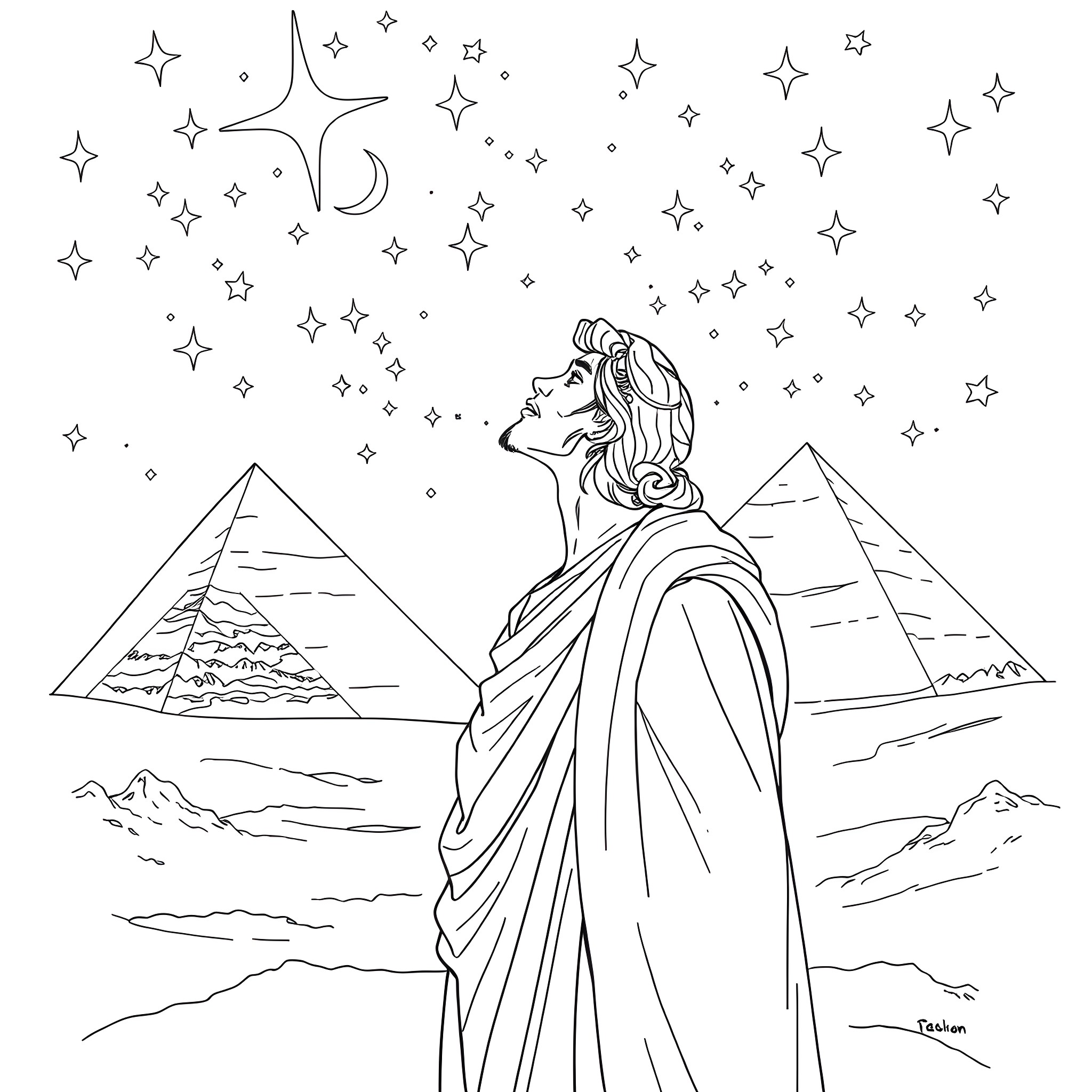 Joseph gazing at the stars under the night sky Coloring Page (free black-and-white line drawing printable PDF for all, from beginners to advanced learners, including children, teens, adults, and seniors)