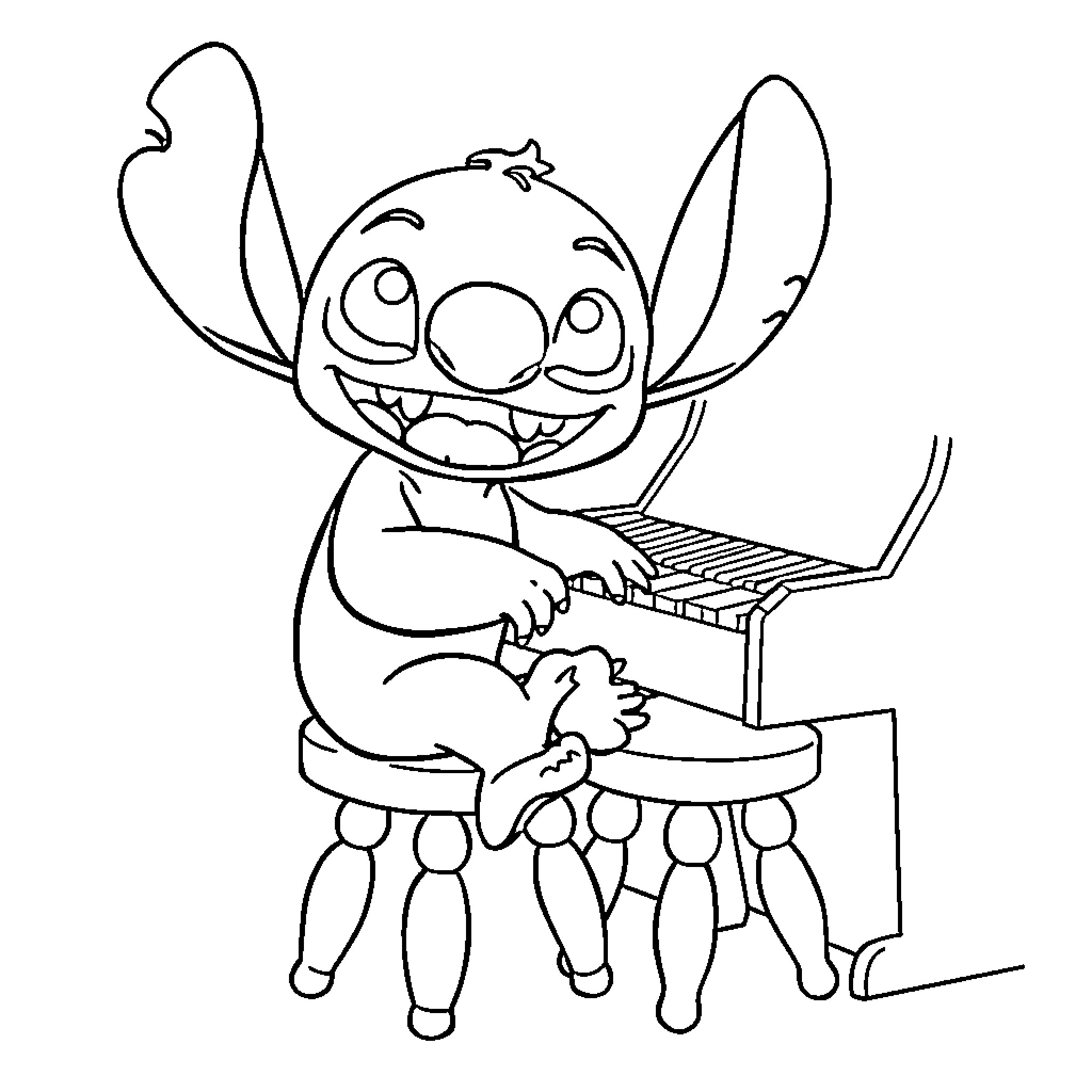 Stitch playing the piano with joy Coloring Page (free black-and-white line drawing printable PDF for all, from beginners to advanced learners, including children, teens, adults, and seniors)