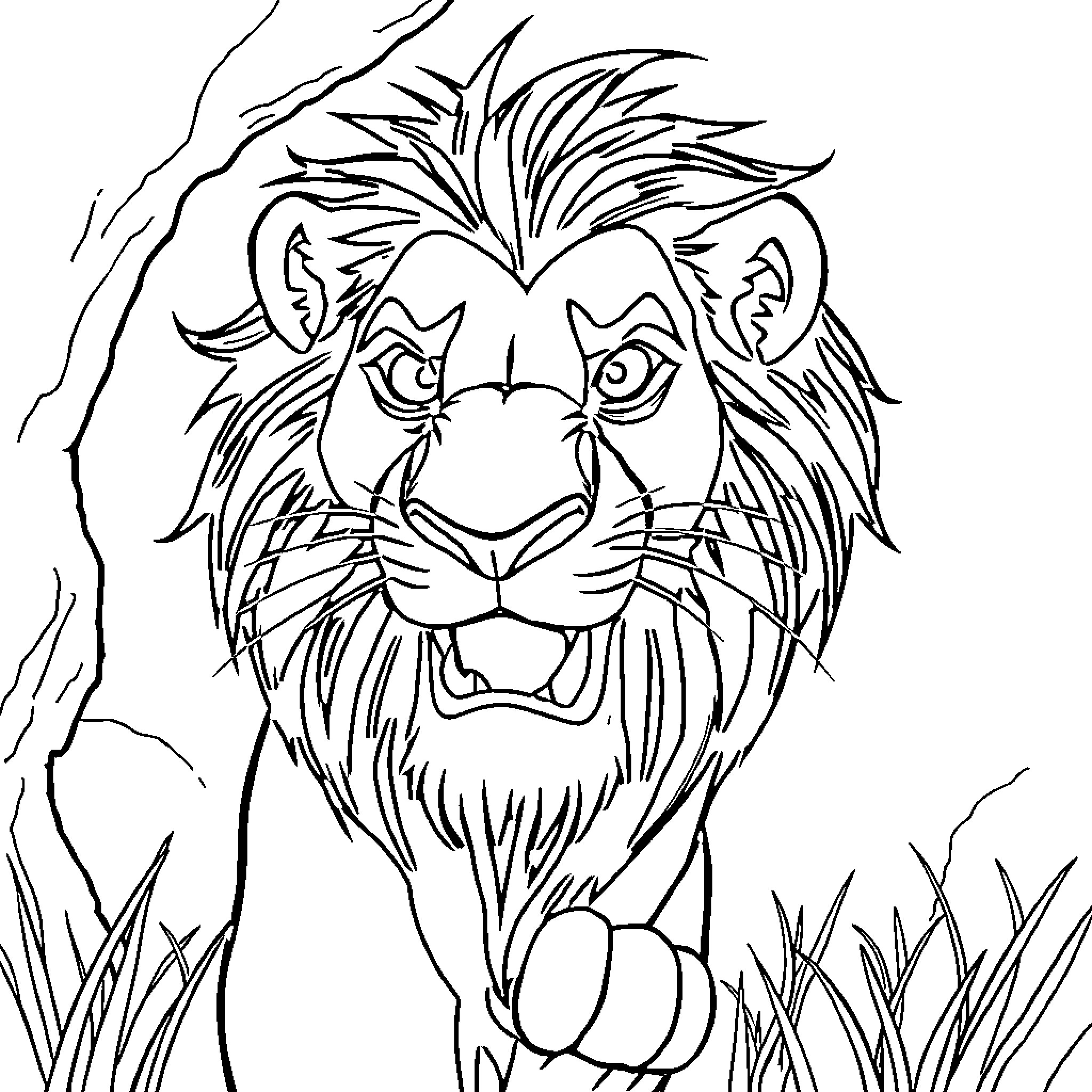 Scar's fierce gaze in the wild Coloring Page (free black-and-white line drawing printable PDF for all, from beginners to advanced learners, including children, teens, adults, and seniors)