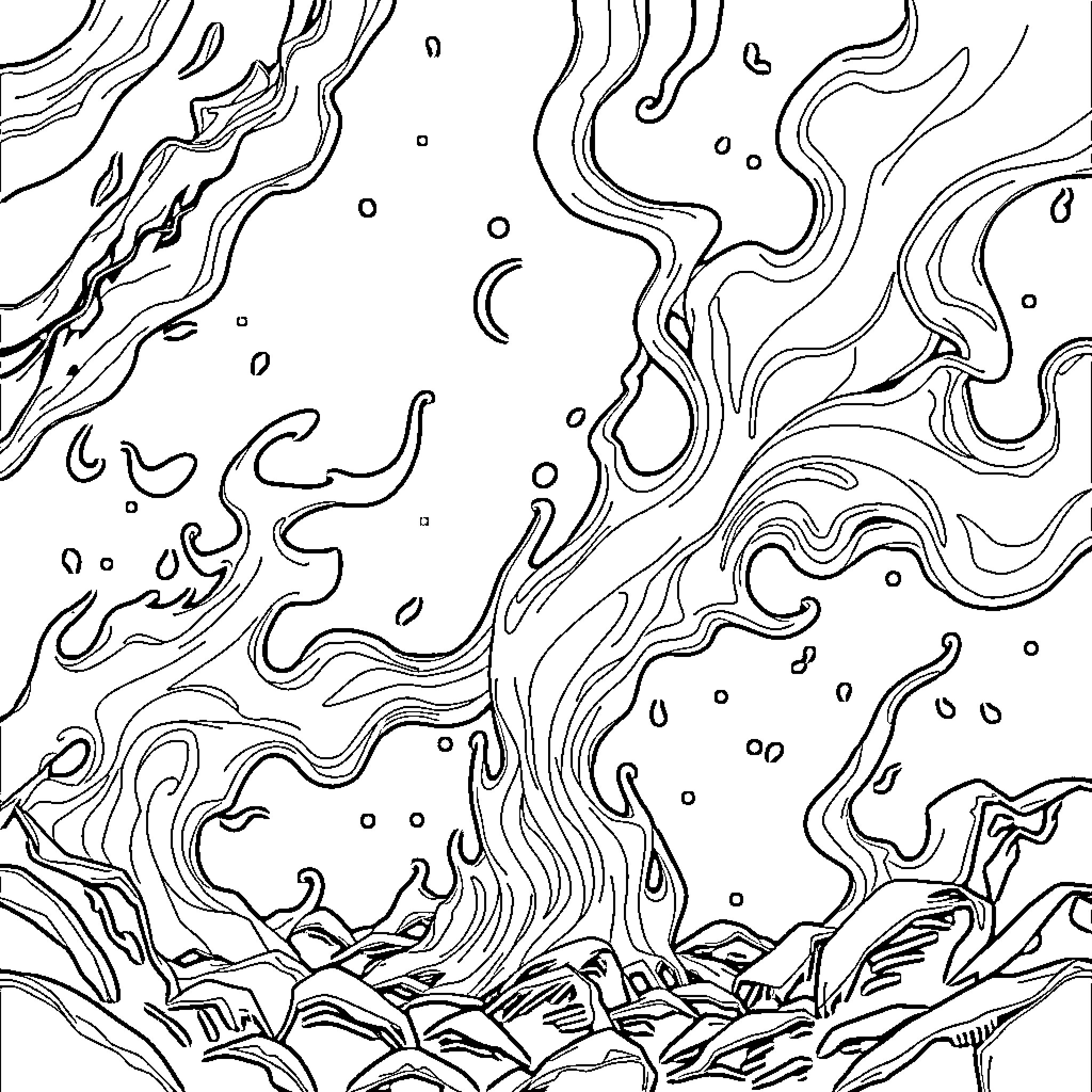 Blaze of Whimsical Waves and Motifs Coloring Page (free black-and-white line drawing printable PDF for all, from beginners to advanced learners, including children, teens, adults, and seniors)