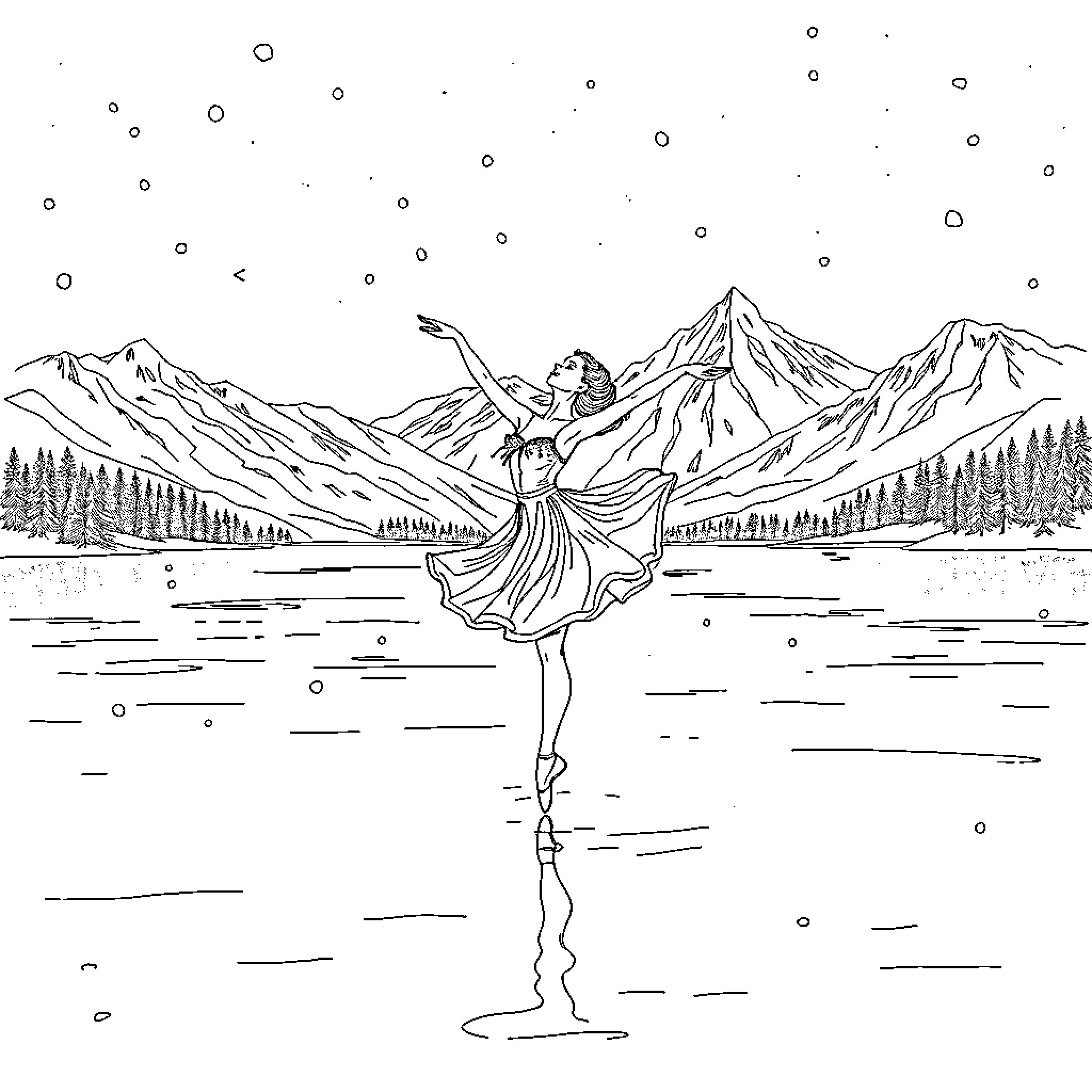 Ballerina dancing gracefully in snowy mountain landscape Coloring Page (free black-and-white line drawing printable PDF for all, from beginners to advanced learners, including children, teens, adults, and seniors)