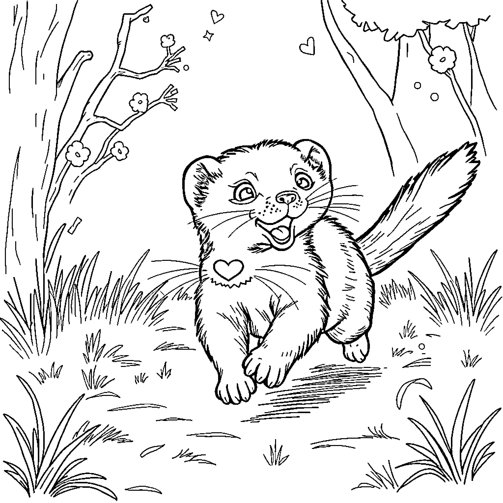 Ferret playing happily in the forest Coloring Page (free black-and-white line drawing printable PDF for all, from beginners to advanced learners, including children, teens, adults, and seniors)