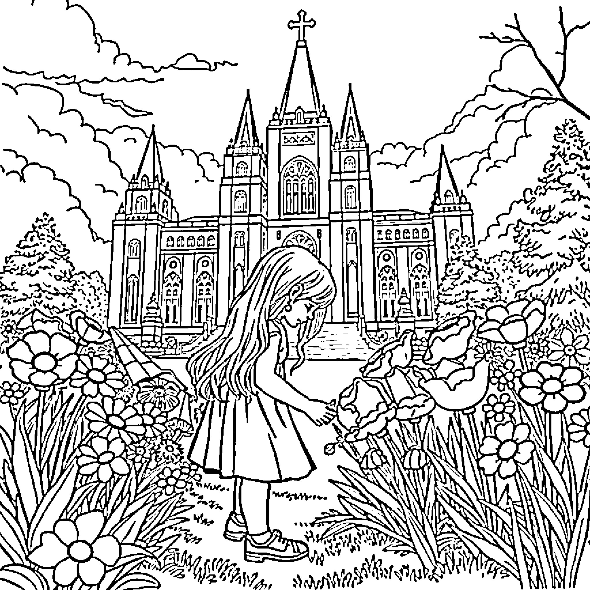 Girl wandering in a magical floral garden near a grand cathedral Coloring Page (free black-and-white line drawing printable PDF for all, from beginners to advanced learners, including children, teens, adults, and seniors)
