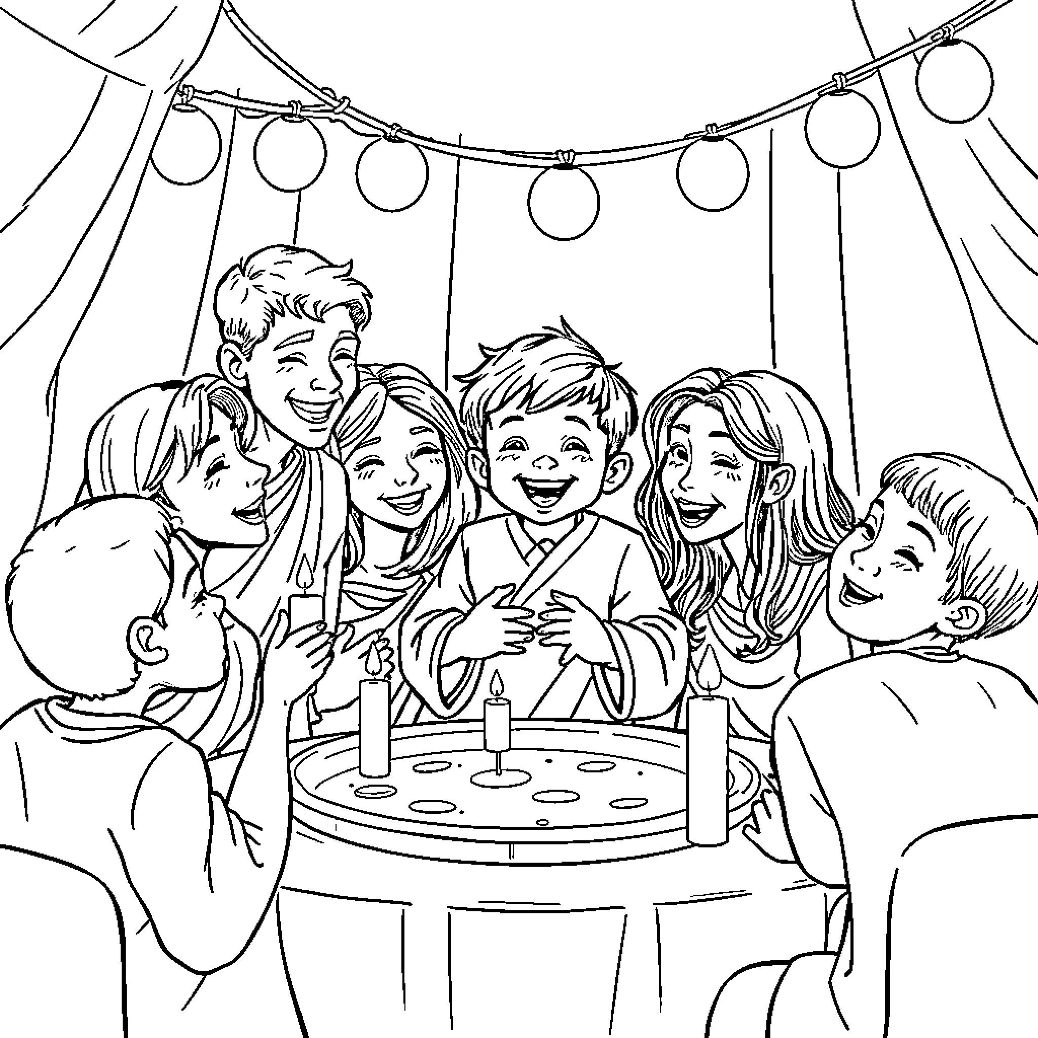 Isaac's Birthday Party with Friends Coloring Page (free black-and-white line drawing printable PDF for all, from beginners to advanced learners, including children, teens, adults, and seniors)