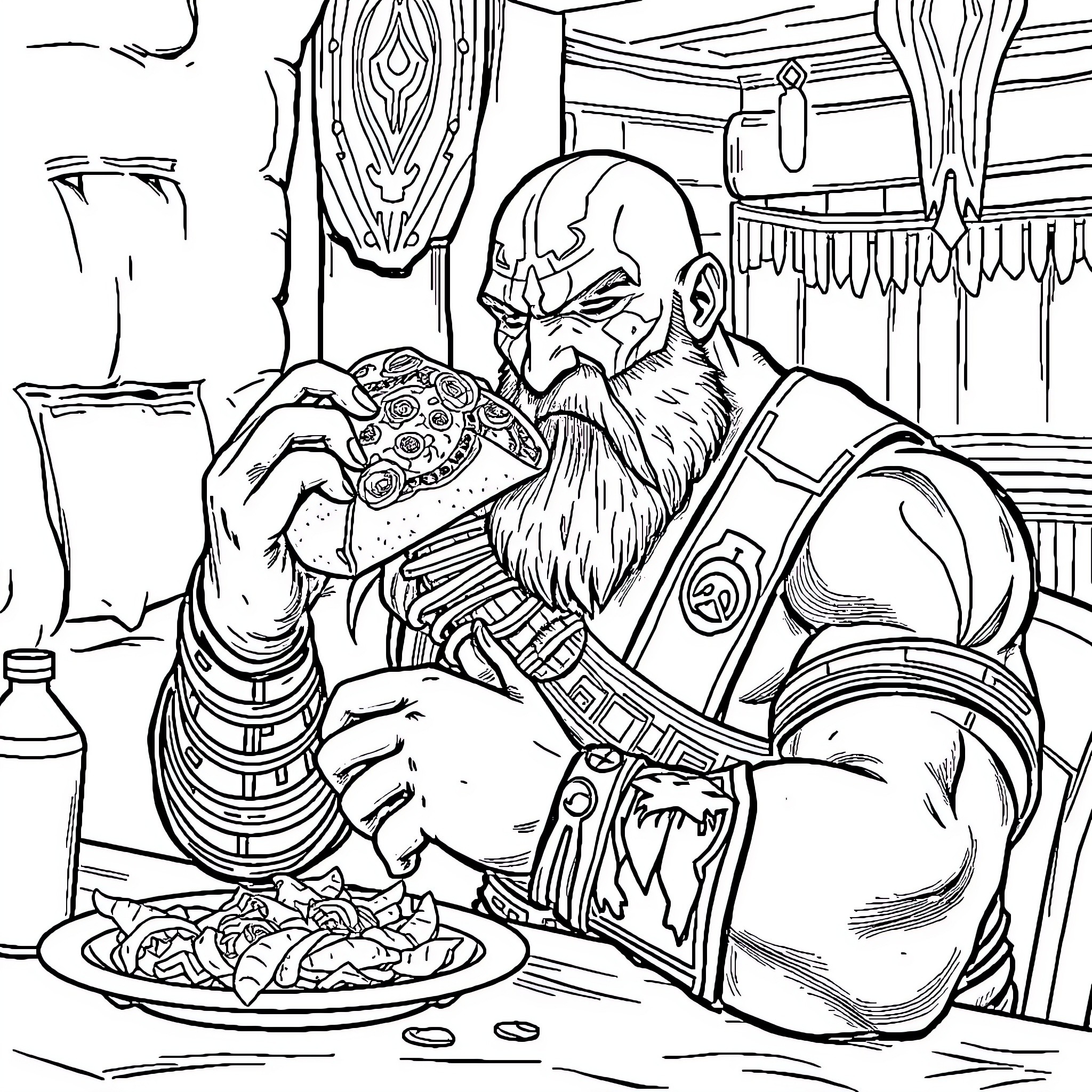 Kratos Savoring a Meal in His Cabin Coloring Page (free black-and-white line drawing printable PDF for all, from beginners to advanced learners, including children, teens, adults, and seniors)