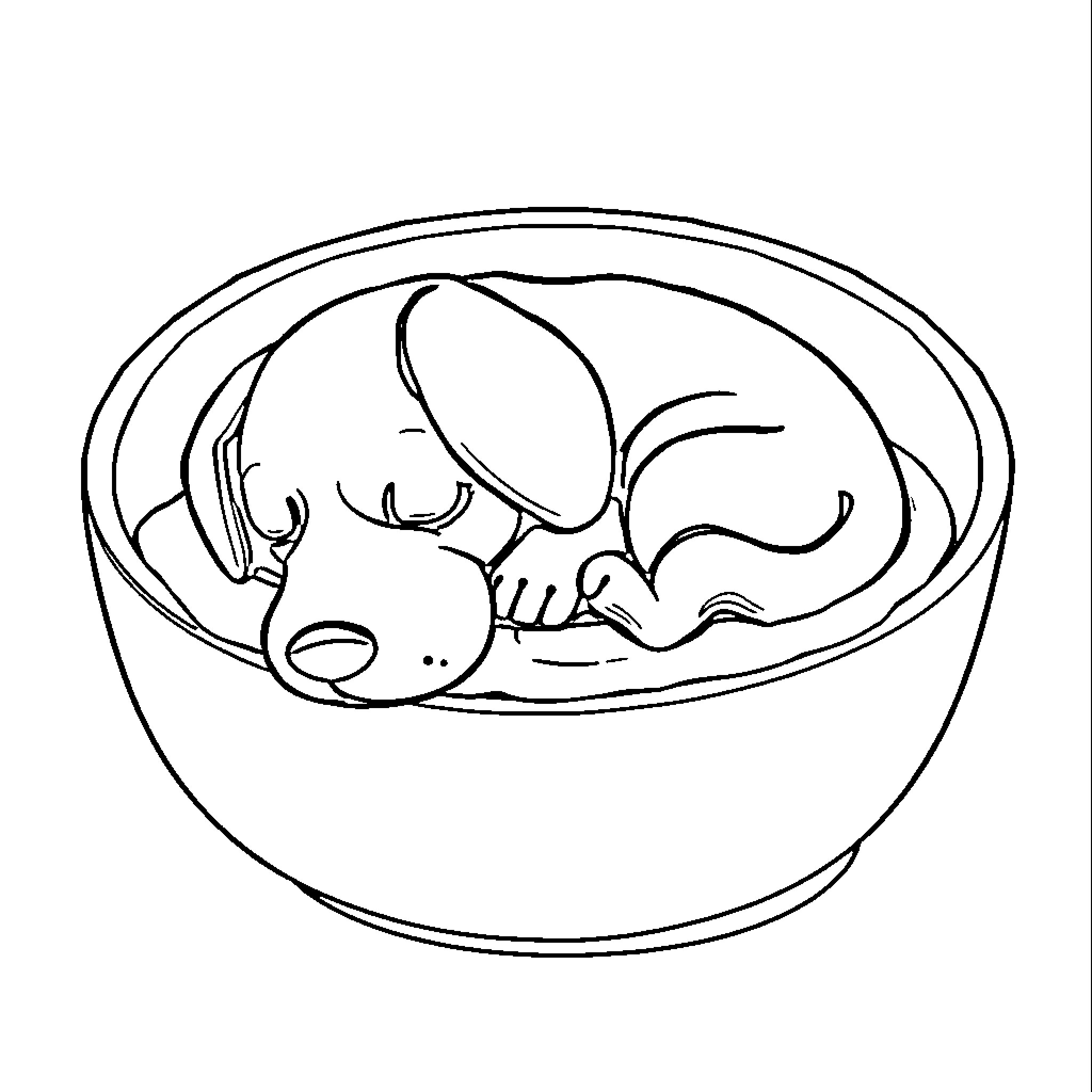 Dog sleeping peacefully in a cozy bowl Coloring Page (free black-and-white line drawing printable PDF for all, from beginners to advanced learners, including children, teens, adults, and seniors)