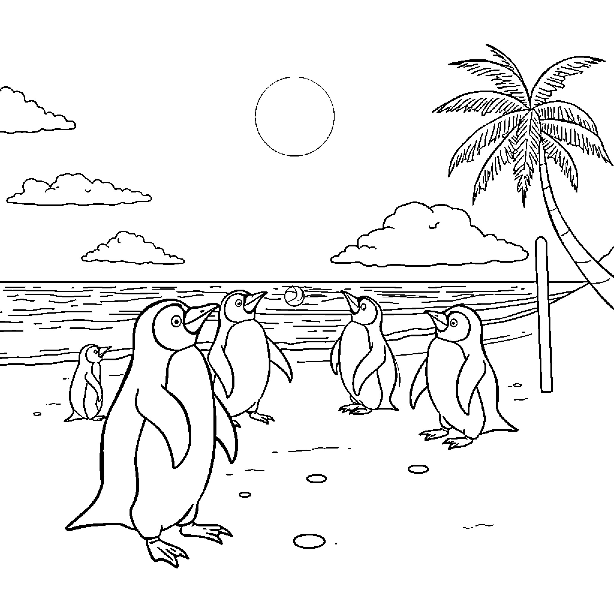 Penguins playing joyfully on a tropical beach Coloring Page (free black-and-white line drawing printable PDF for all, from beginners to advanced learners, including children, teens, adults, and seniors)