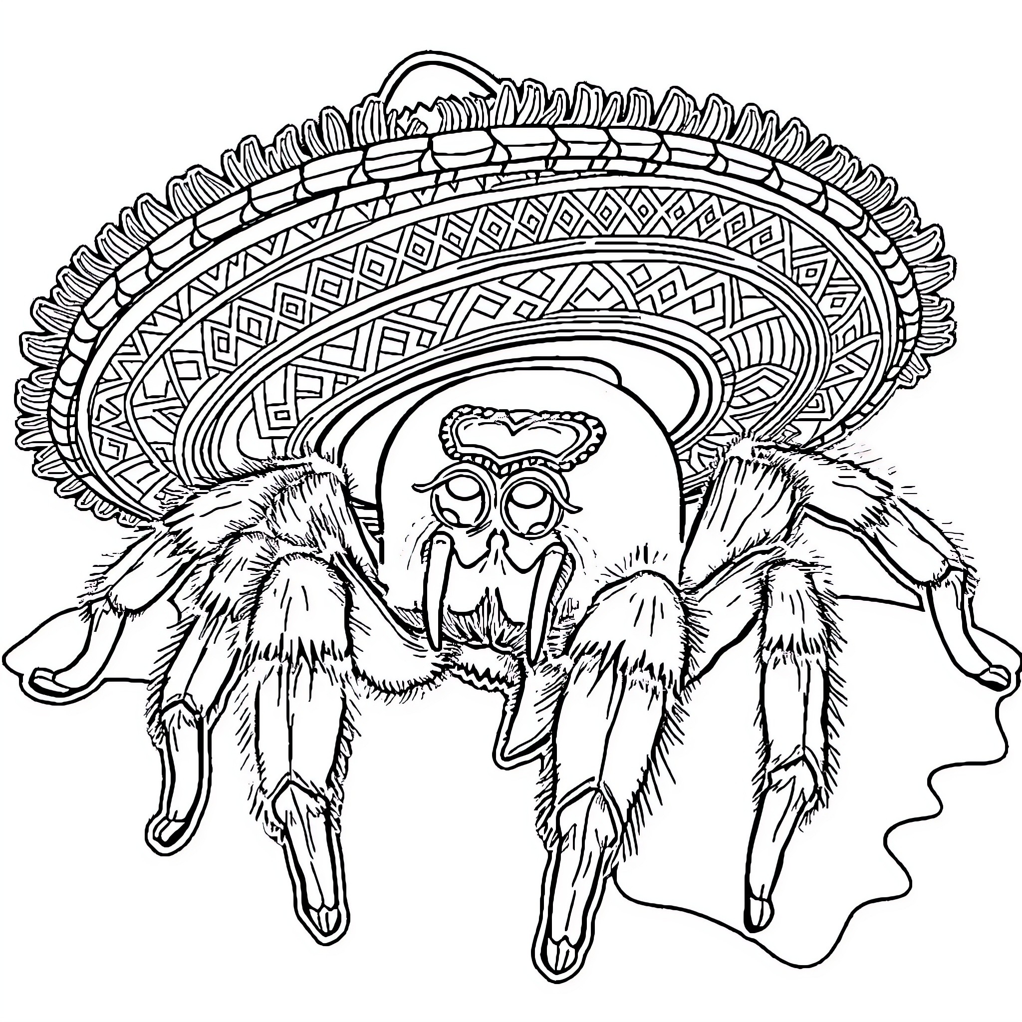 Tarantula with intricate decorative pattern Coloring Page (free black-and-white line drawing printable PDF for all, from beginners to advanced learners, including children, teens, adults, and seniors)