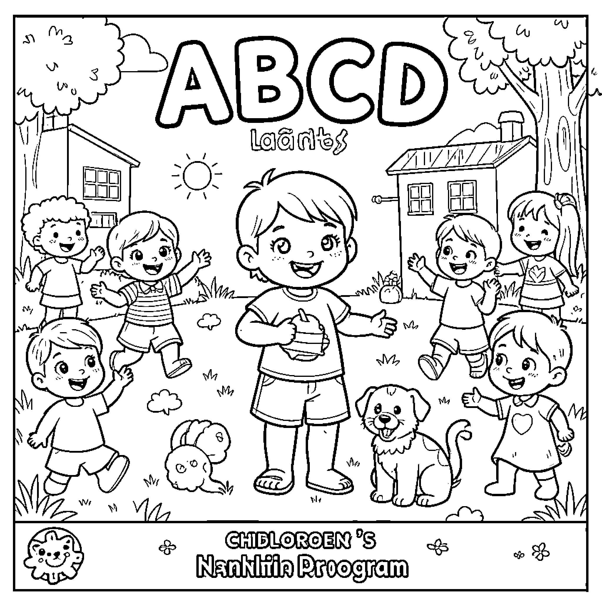 ABC Kids Playing Happily Outdoors Coloring Page (free black-and-white line drawing printable PDF for all, from beginners to advanced learners, including children, teens, adults, and seniors)