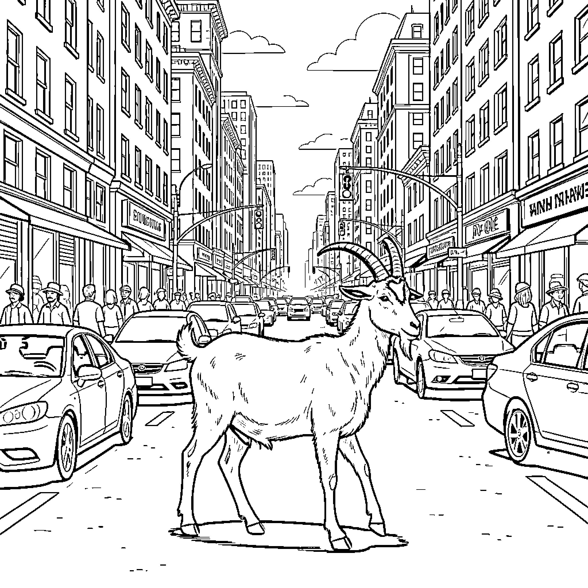 Goat wandering among bustling city streets Coloring Page (free black-and-white line drawing printable PDF for all, from beginners to advanced learners, including children, teens, adults, and seniors)