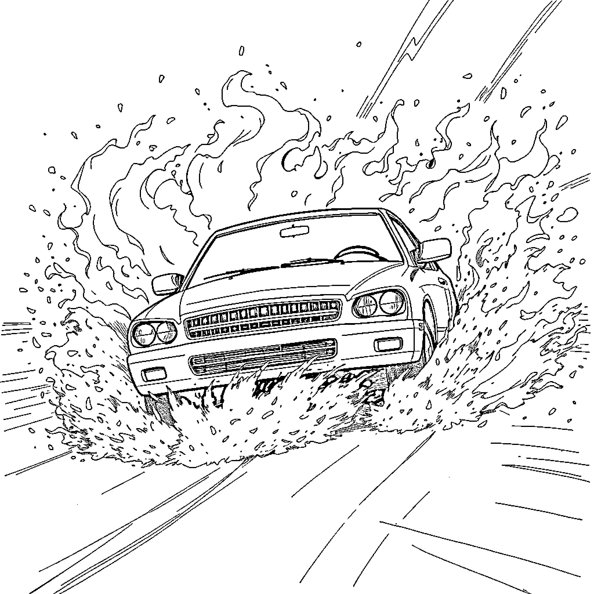 Car speeding through water splashes on the road Coloring Page (free black-and-white line drawing printable PDF for all, from beginners to advanced learners, including children, teens, adults, and seniors)