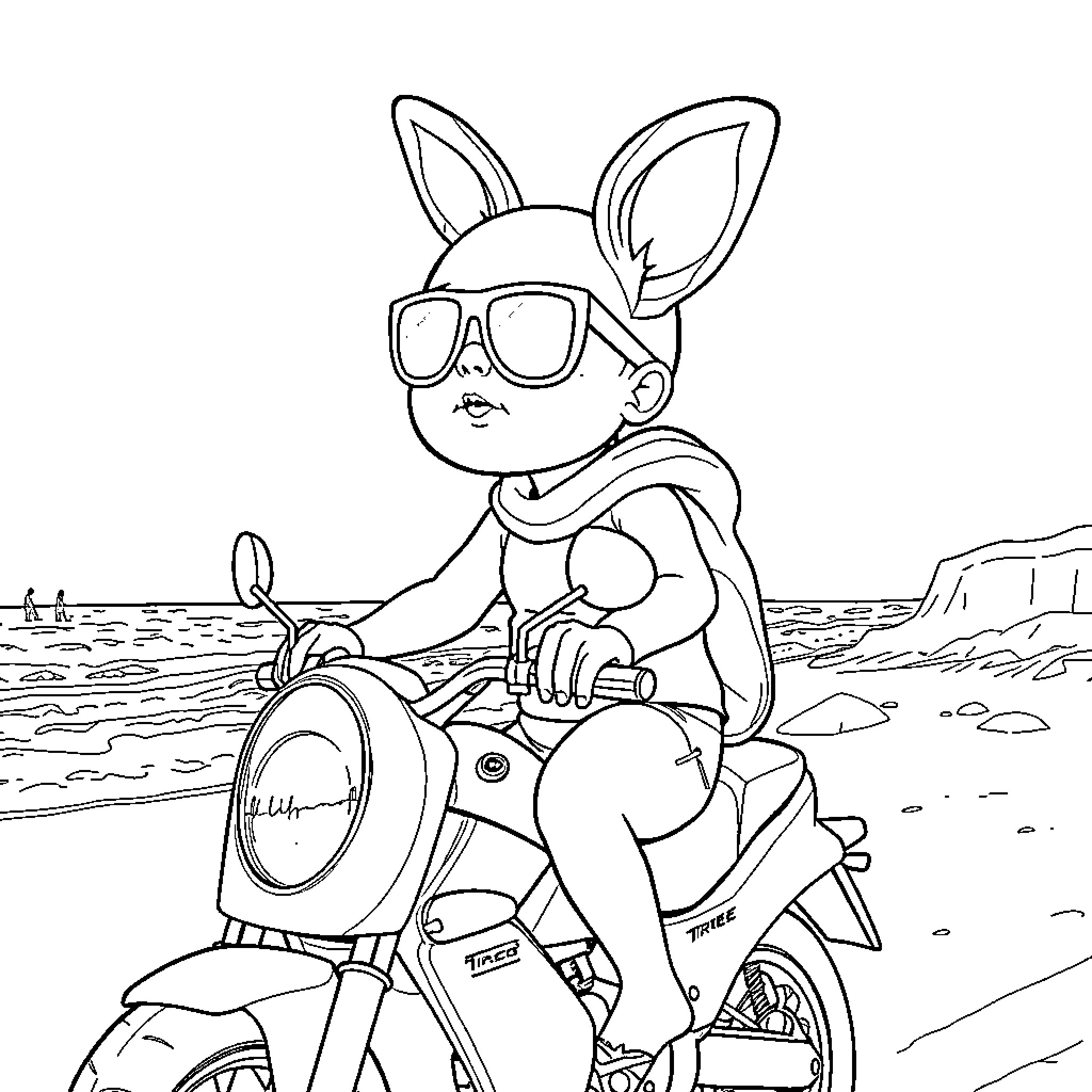 Bebe's Fun Ride on the Scooter Coloring Page (free black-and-white line drawing printable PDF for all, from beginners to advanced learners, including children, teens, adults, and seniors)
