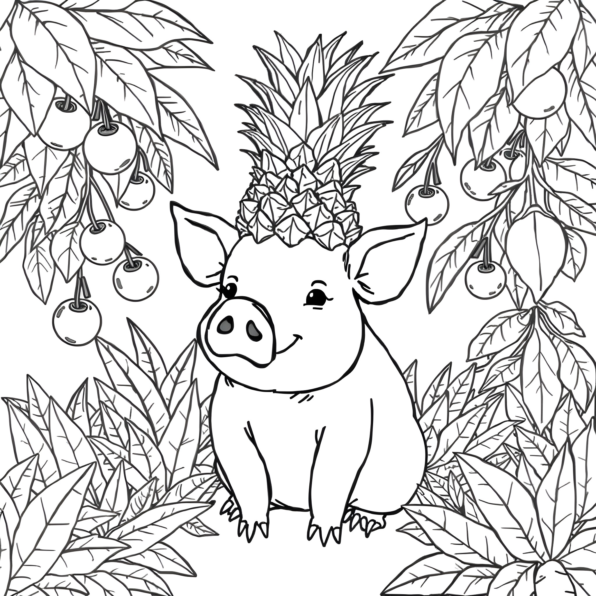 Pineapple Pig surrounded by tropical leaves and fruits Coloring Page (free black-and-white line drawing printable PDF for all, from beginners to advanced learners, including children, teens, adults, and seniors)