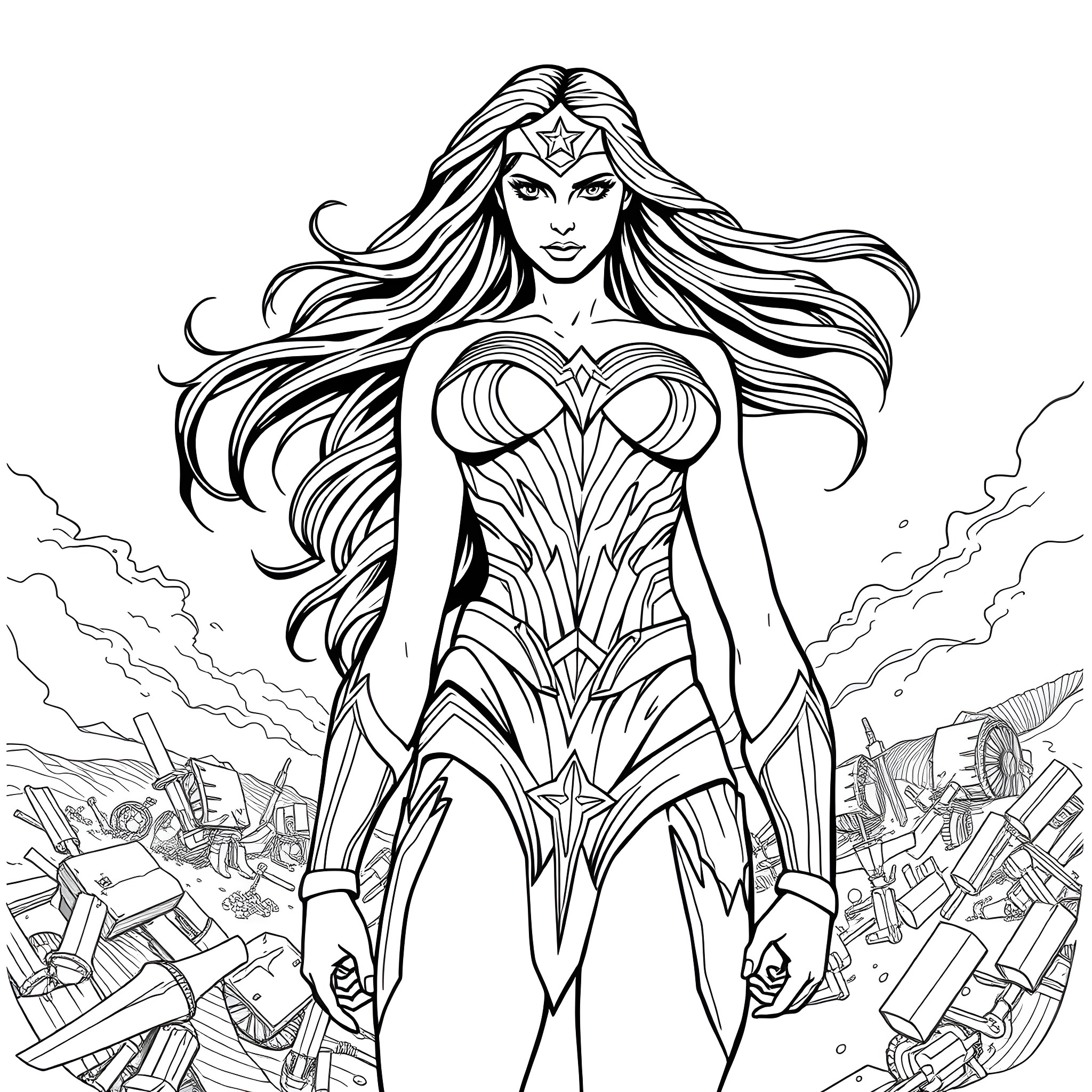 Wonder Woman's Powerful Stance Amid Cityscape Coloring Page (free black-and-white line drawing printable PDF for all, from beginners to advanced learners, including children, teens, adults, and seniors)