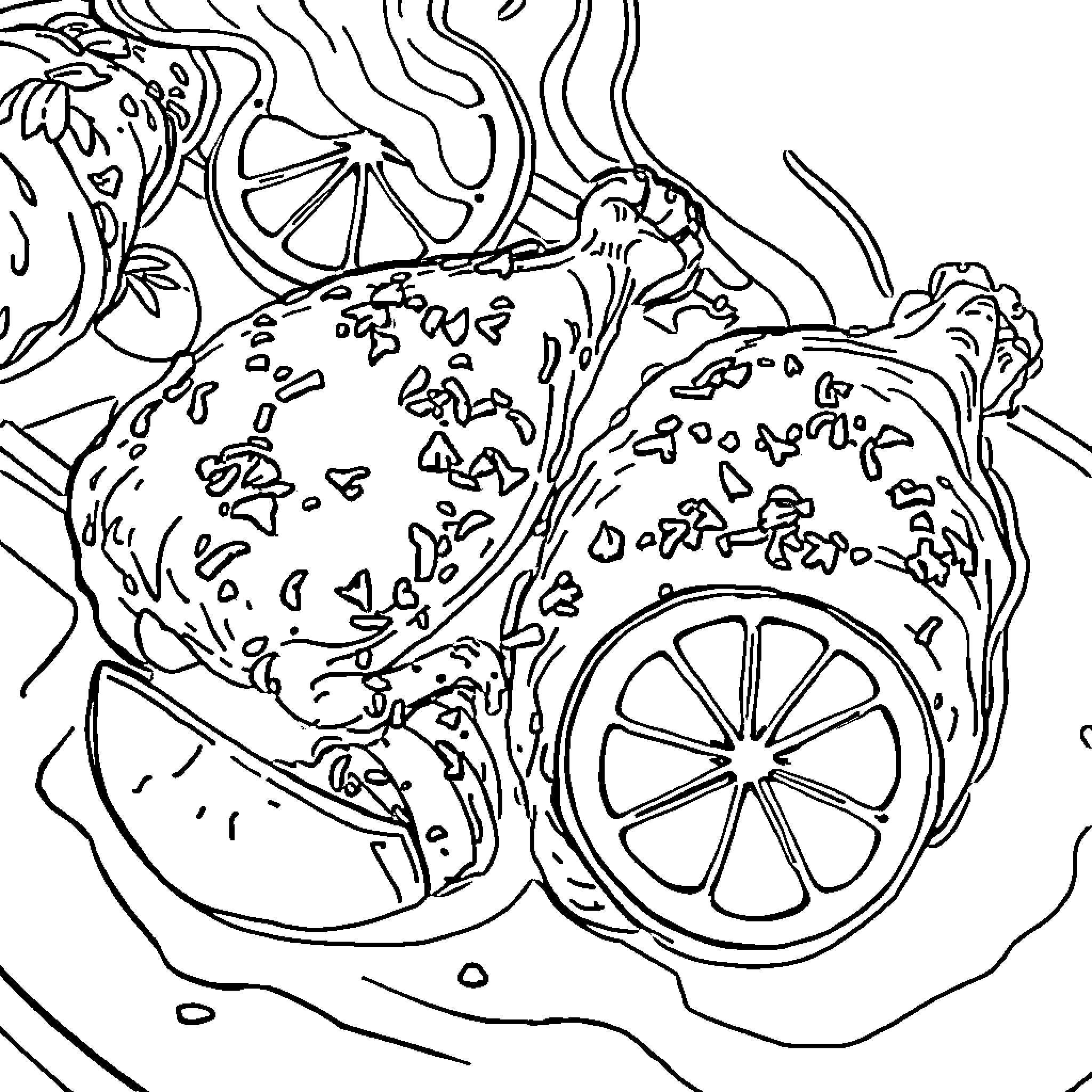 Chicken slices with citrus fruits Coloring Page (free black-and-white line drawing printable PDF for all, from beginners to advanced learners, including children, teens, adults, and seniors)