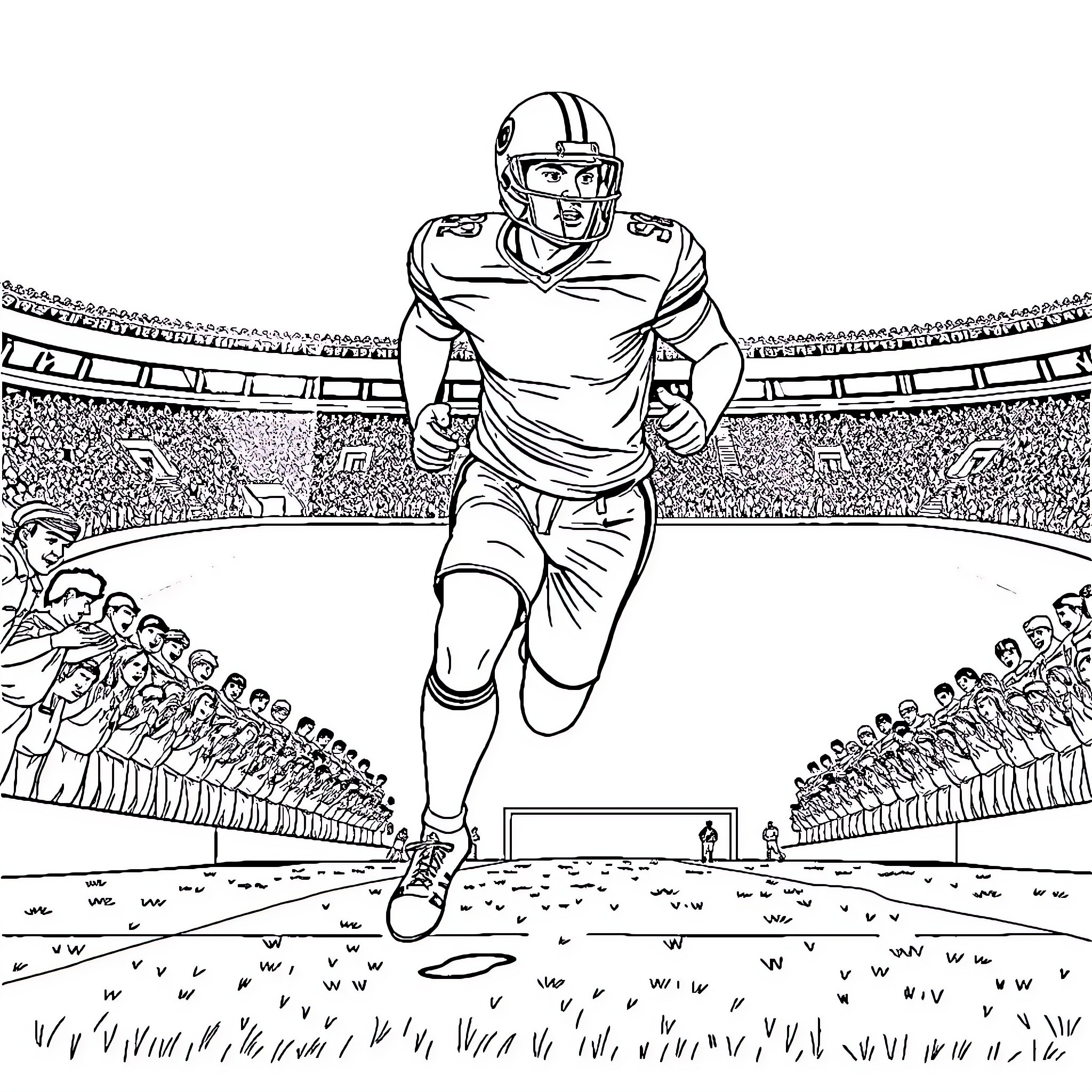 Football Player Running on the Field Coloring Page (free black-and-white line drawing printable PDF for all, from beginners to advanced learners, including children, teens, adults, and seniors)