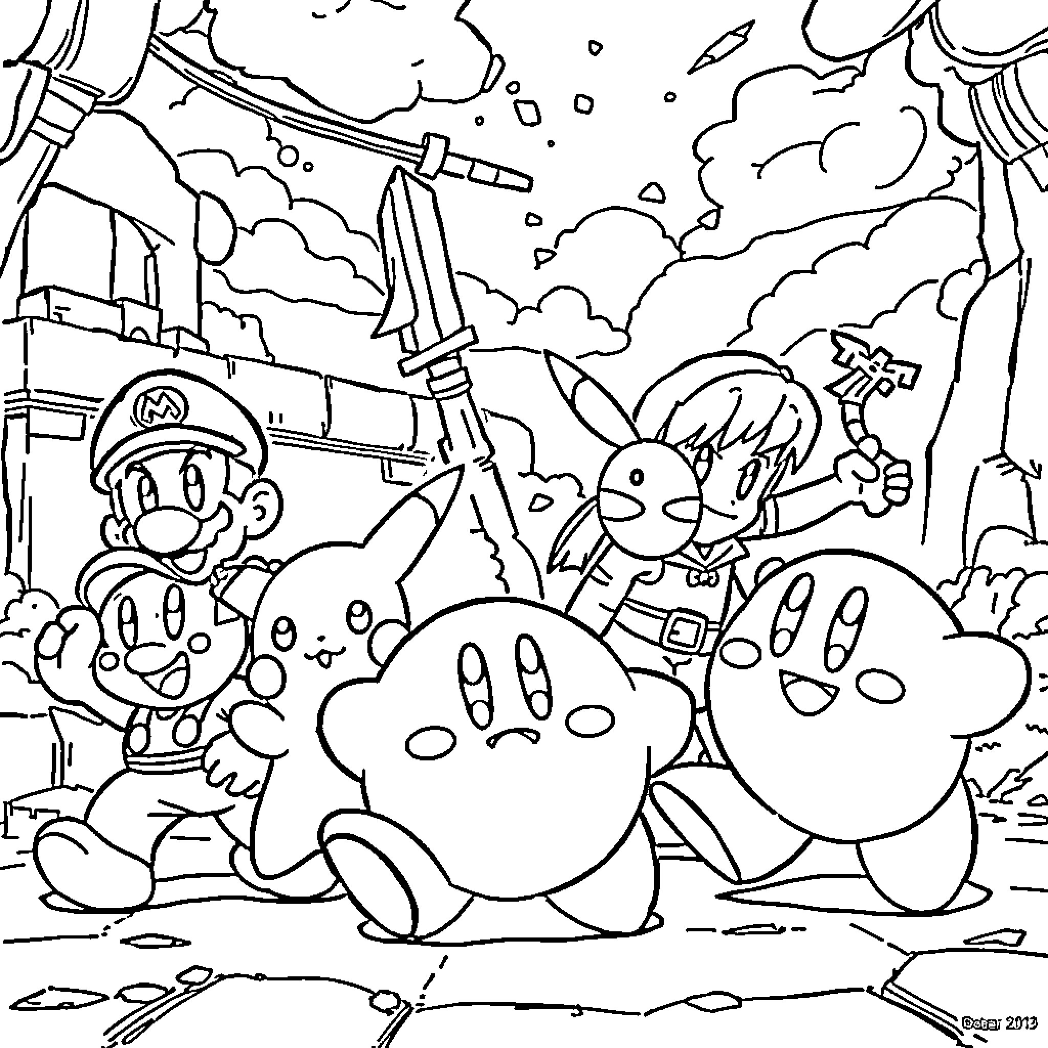 Kirby's Intergalactic Adventure Coloring Page (free black-and-white line drawing printable PDF for all, from beginners to advanced learners, including children, teens, adults, and seniors)
