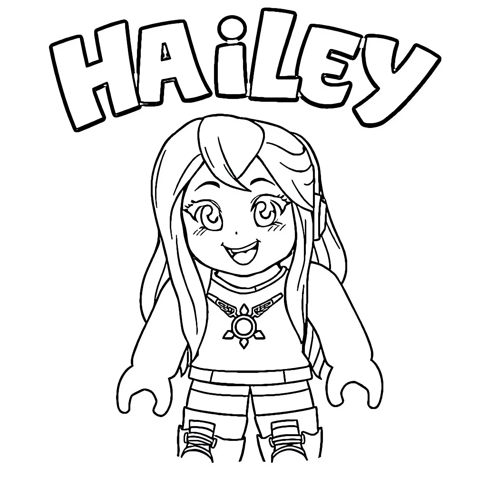 Roblox character Hailey in casual outfit Coloring Page (free black-and-white line drawing printable PDF for all, from beginners to advanced learners, including children, teens, adults, and seniors)