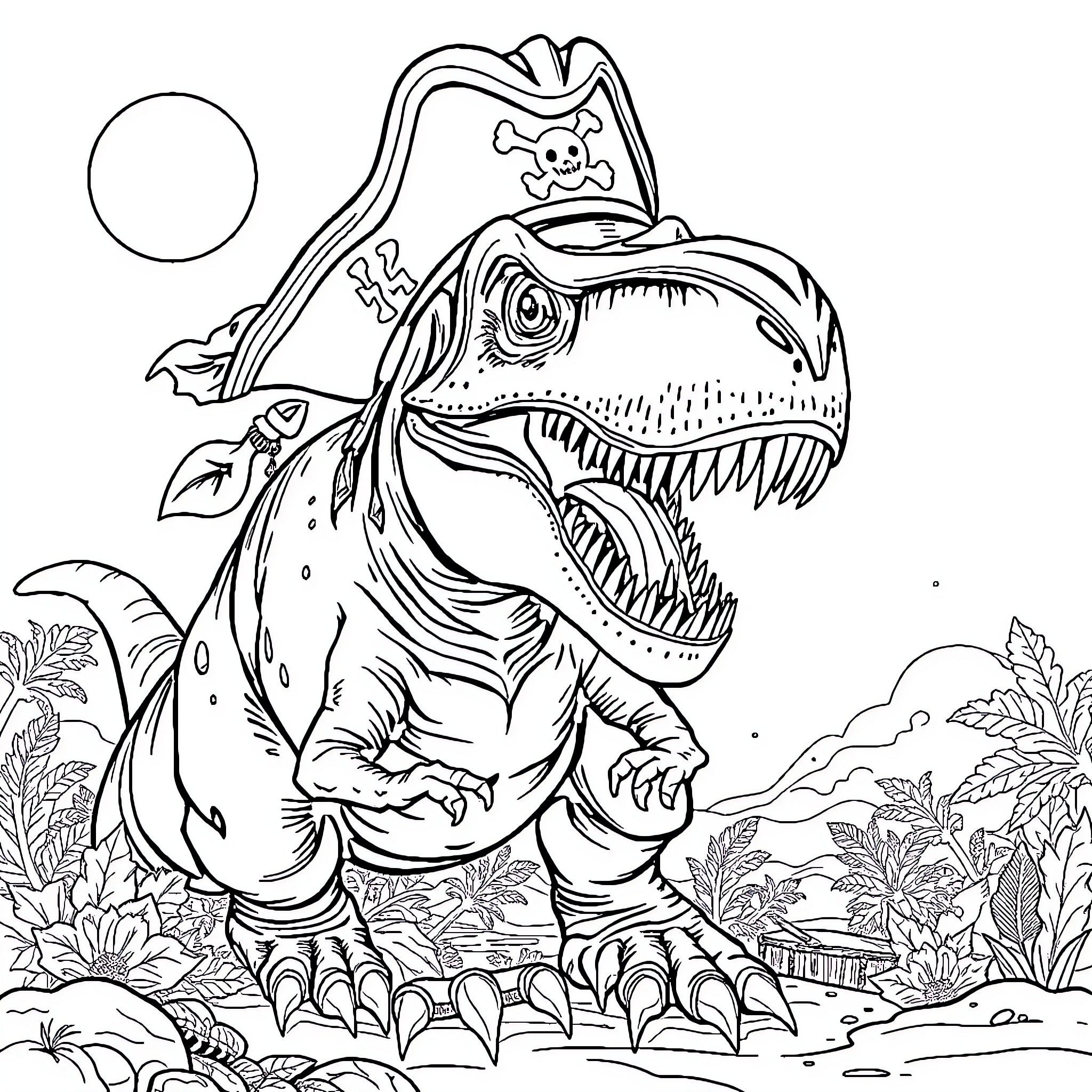 T-Rex pirate with a skull-and-crossbones hat Coloring Page (free black-and-white line drawing printable PDF for all, from beginners to advanced learners, including children, teens, adults, and seniors)