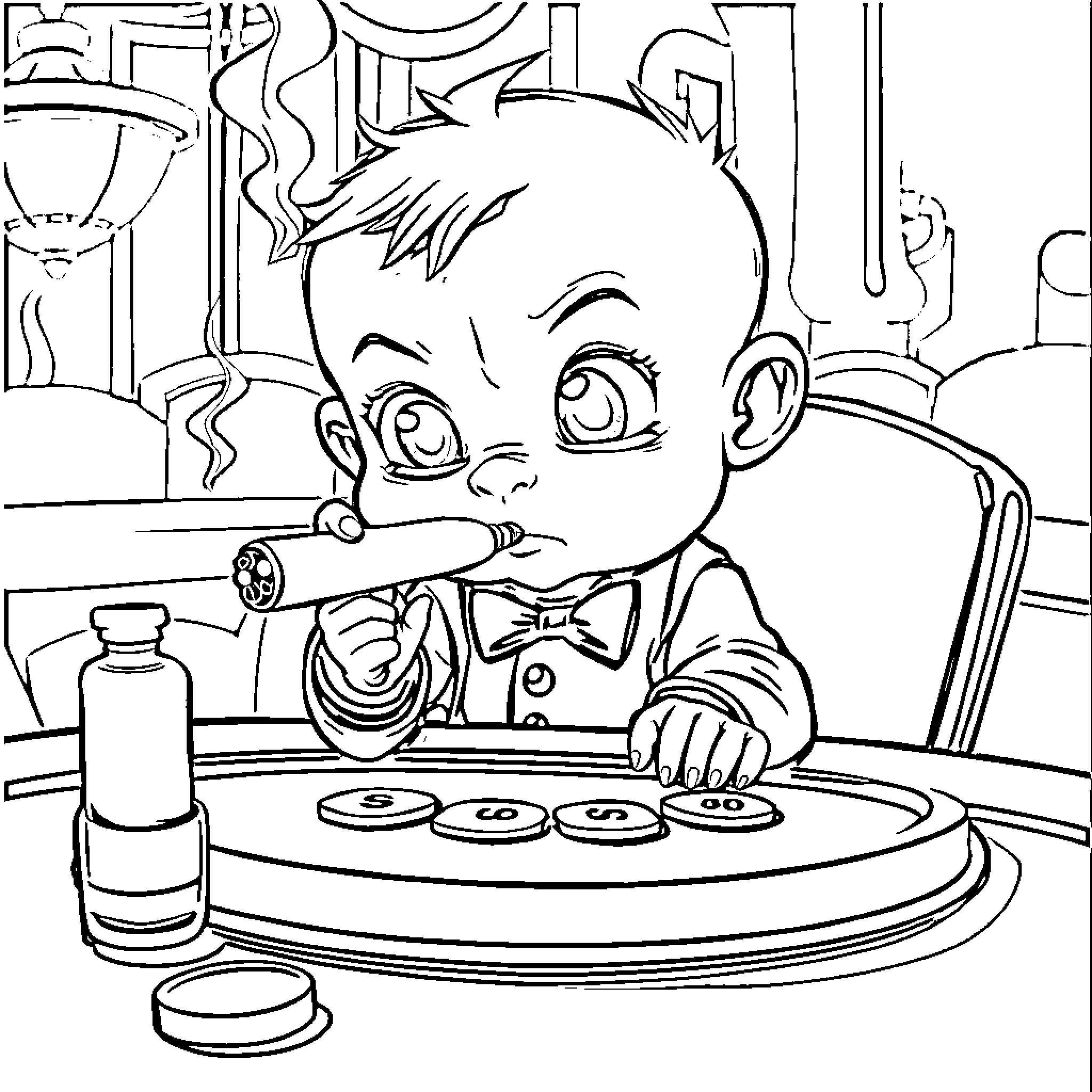 Baby playing with medicine bottles and pills Coloring Page (free black-and-white line drawing printable PDF for all, from beginners to advanced learners, including children, teens, adults, and seniors)