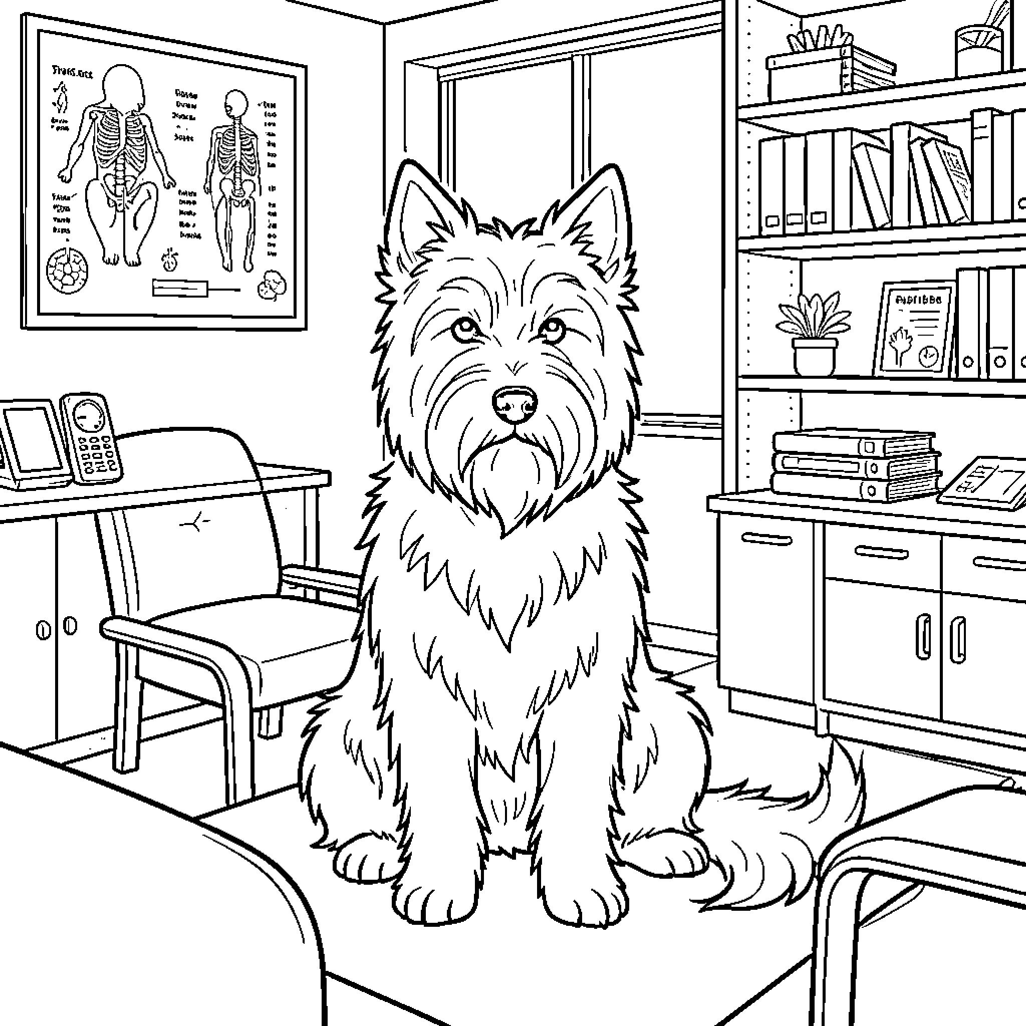 Wolfspitz sitting calmly in a doctor's office Coloring Page (free black-and-white line drawing printable PDF for all, from beginners to advanced learners, including children, teens, adults, and seniors)