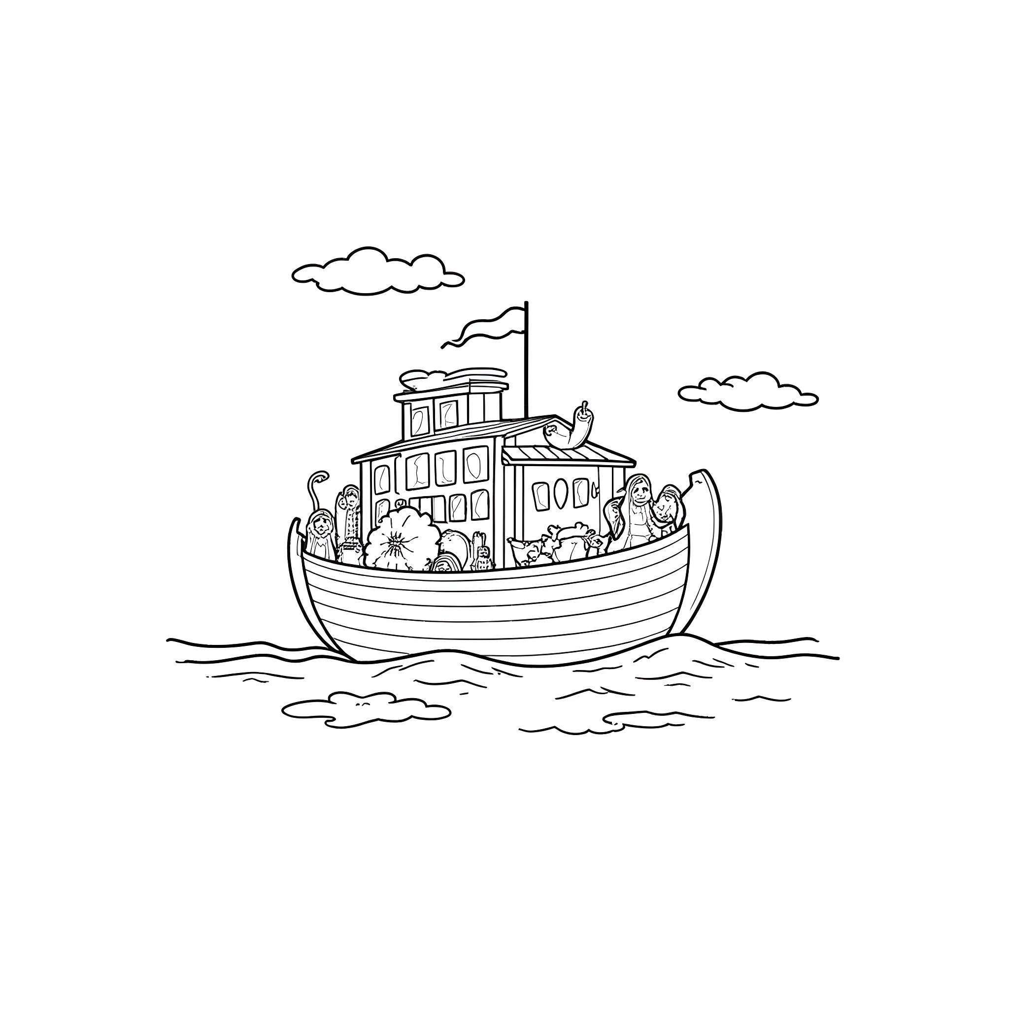 Noah's Arc carrying diverse animals on the sea Coloring Page (free black-and-white line drawing printable PDF for all, from beginners to advanced learners, including children, teens, adults, and seniors)