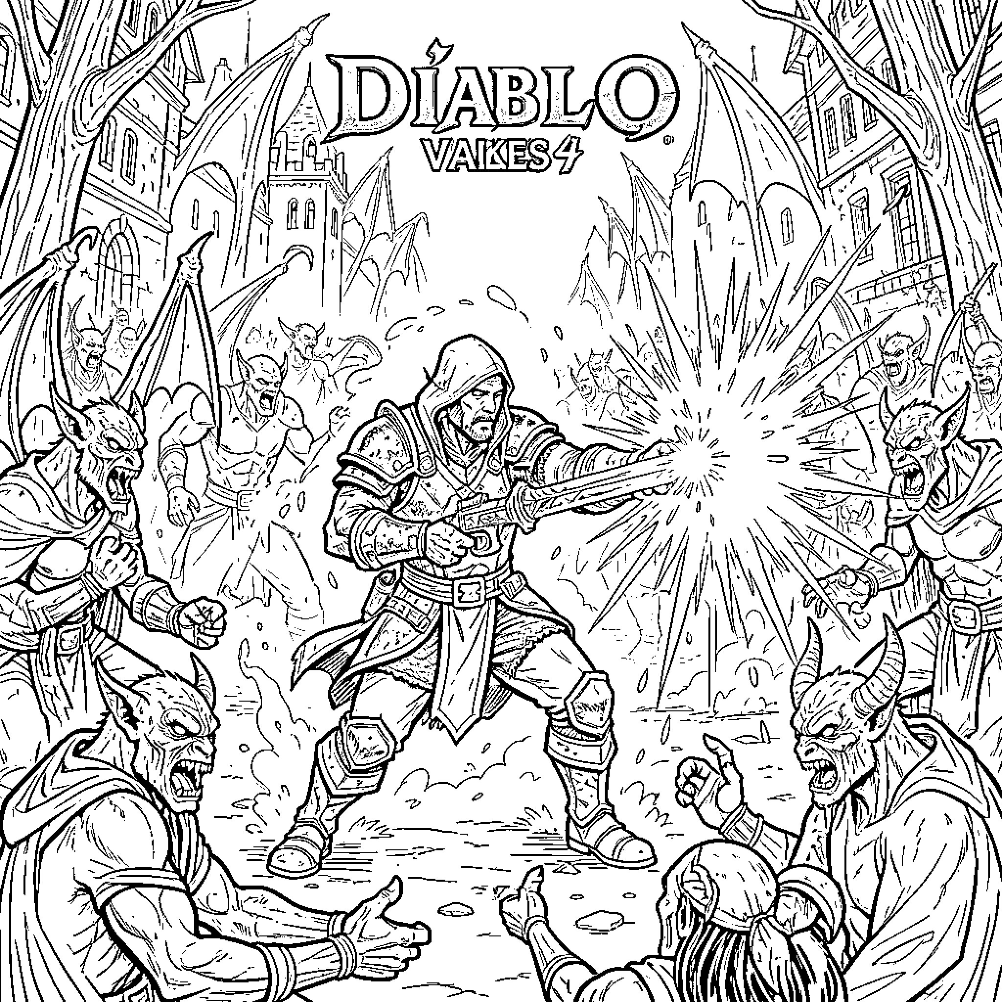 Voleur fighting demons with a magical weapon Coloring Page (free black-and-white line drawing printable PDF for all, from beginners to advanced learners, including children, teens, adults, and seniors)