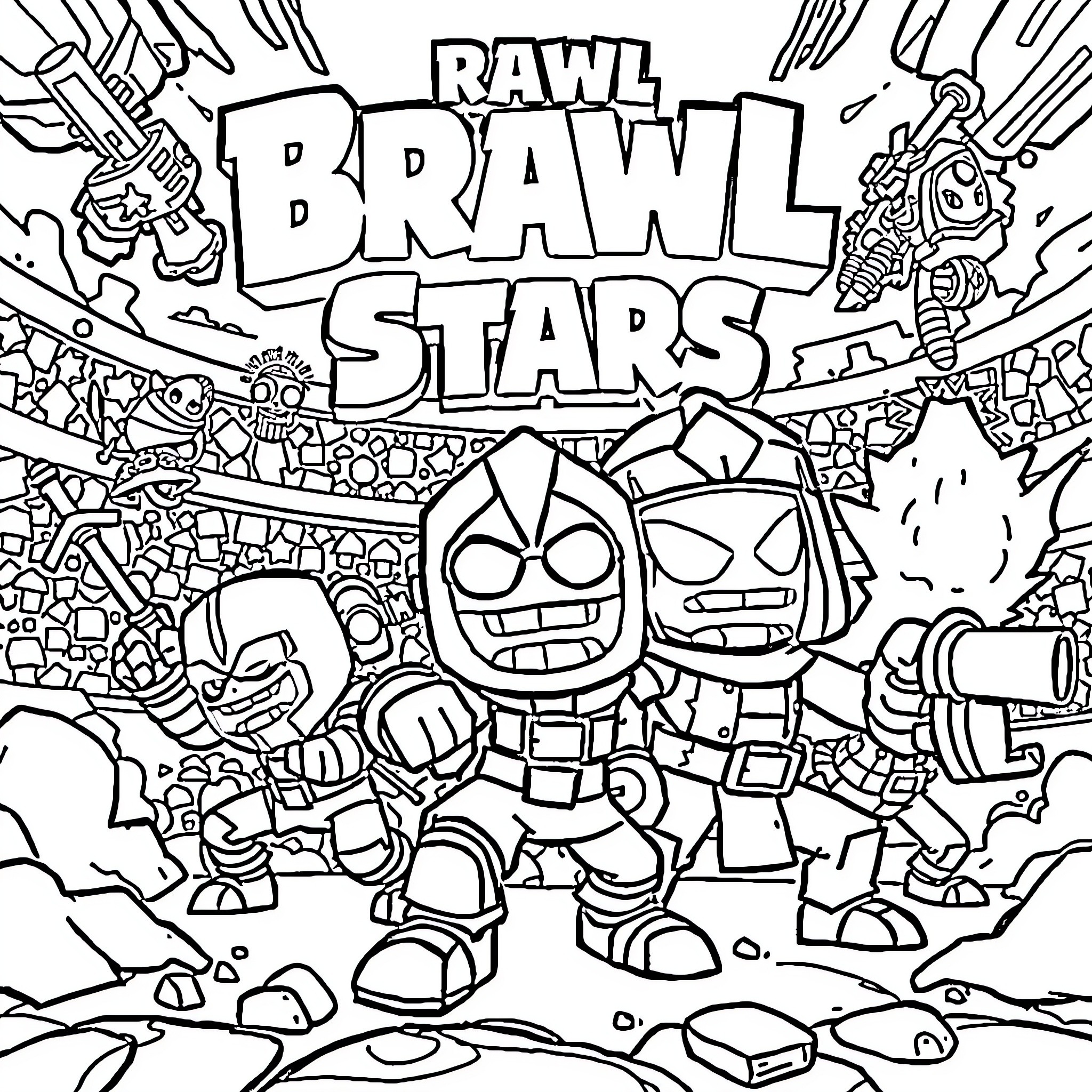 Brawl Stars: Chaotic Battle Scene Coloring Page (free black-and-white line drawing printable PDF for all, from beginners to advanced learners, including children, teens, adults, and seniors)