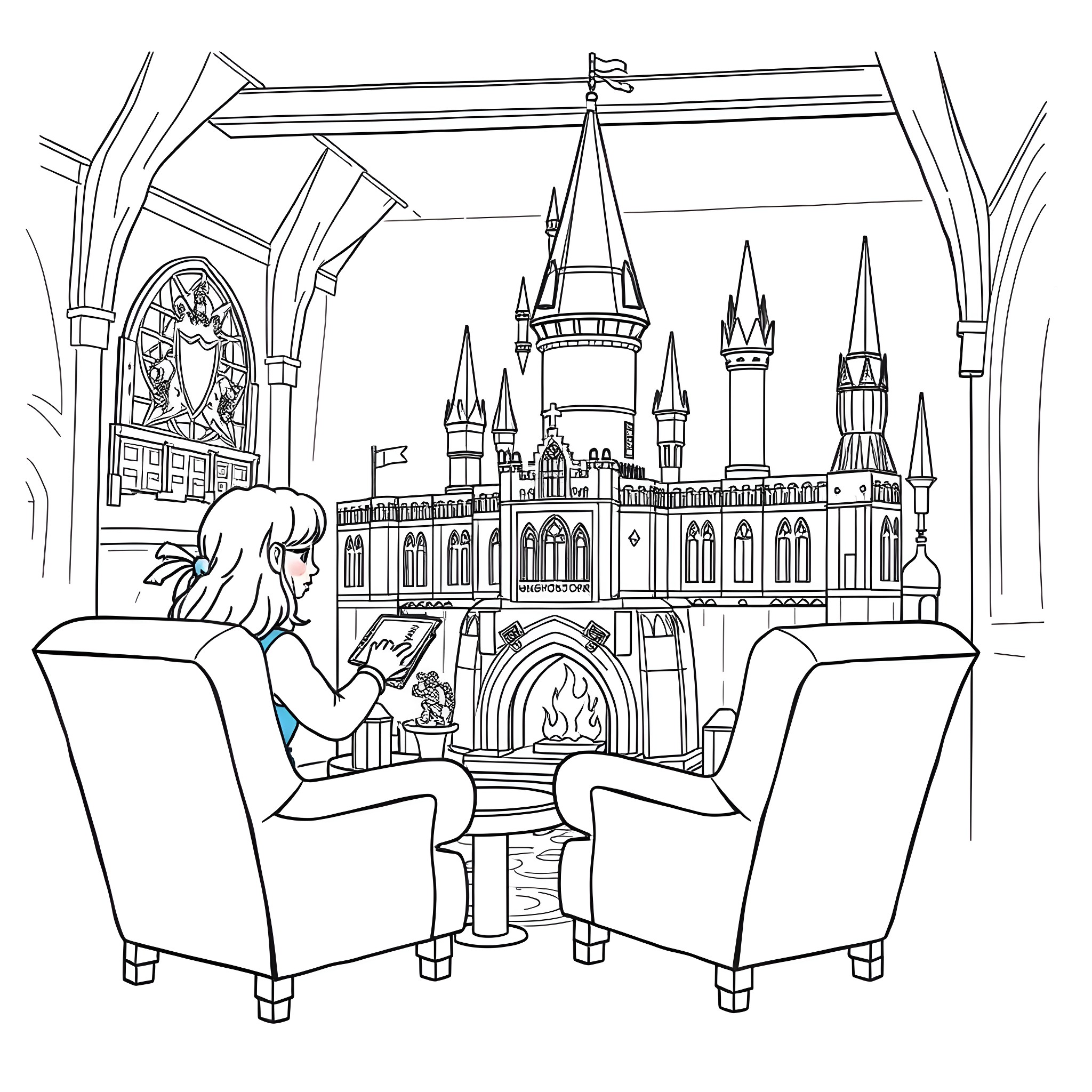 Hermione studying in a magical castle library Coloring Page (free black-and-white line drawing printable PDF for all, from beginners to advanced learners, including children, teens, adults, and seniors)