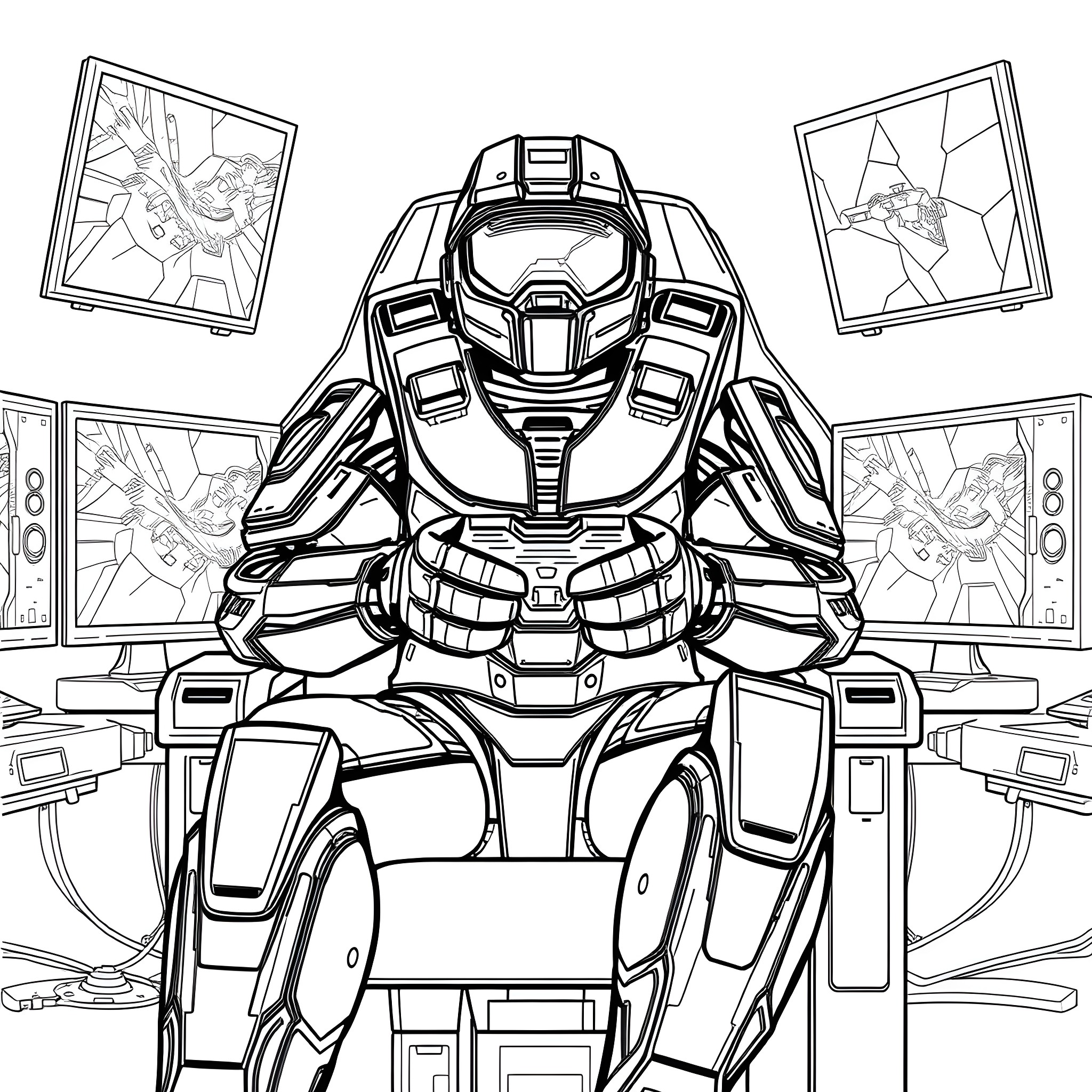 Master Chief in futuristic combat gear Coloring Page (free black-and-white line drawing printable PDF for all, from beginners to advanced learners, including children, teens, adults, and seniors)