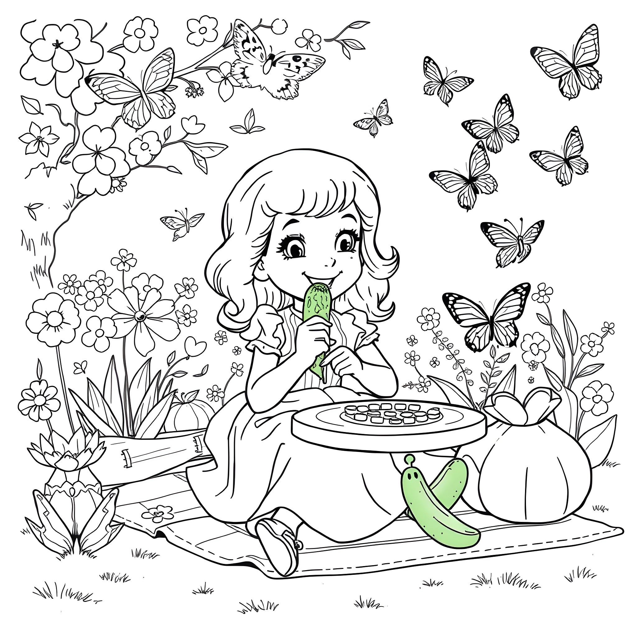 Fancy Nancy enjoying a tea party with butterflies Coloring Page (free black-and-white line drawing printable PDF for all, from beginners to advanced learners, including children, teens, adults, and seniors)