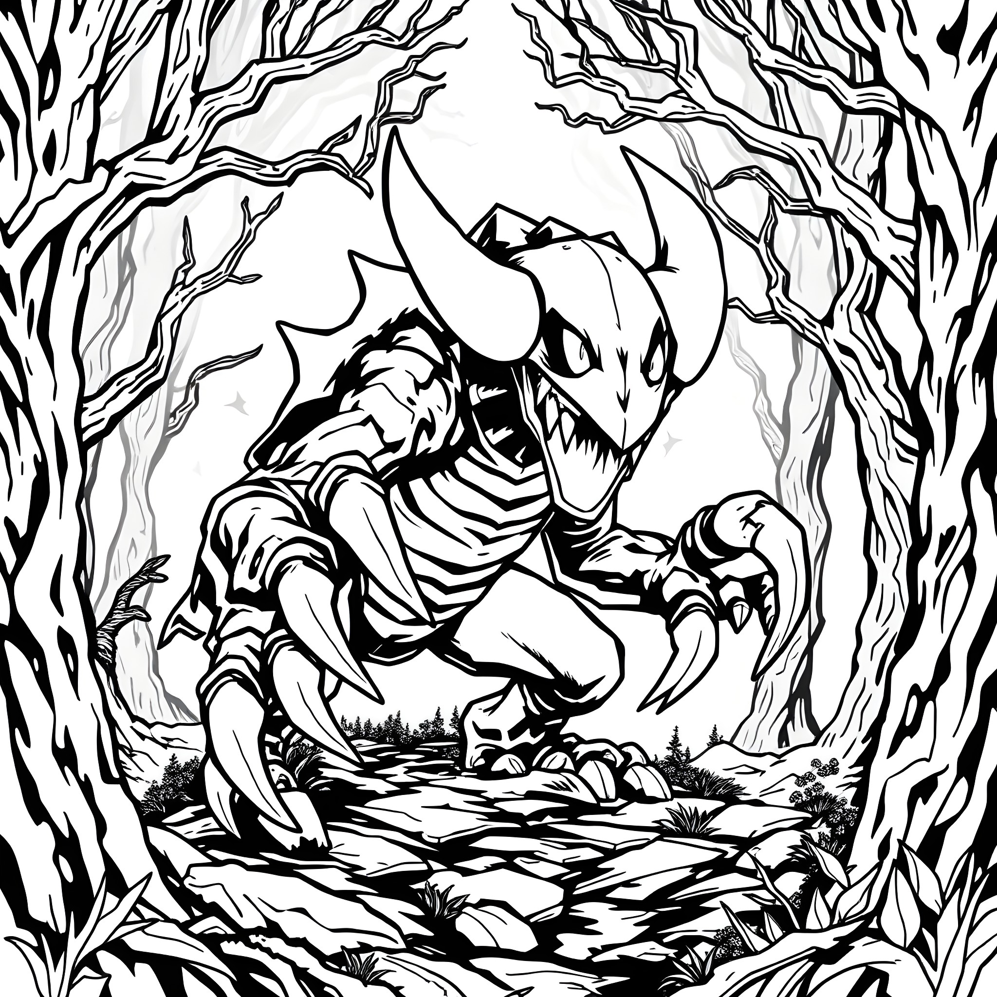 Heracross Charging in Fierce Wilderness Coloring Page (free black-and-white line drawing printable PDF for all, from beginners to advanced learners, including children, teens, adults, and seniors)
