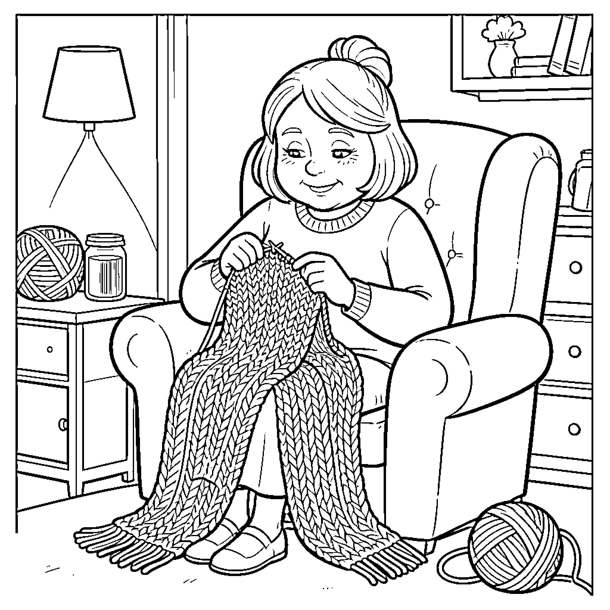 Nana sitting in an armchair knitting a long scarf Coloring Page (free black-and-white line drawing printable PDF for all, from beginners to advanced learners, including children, teens, adults, and seniors)