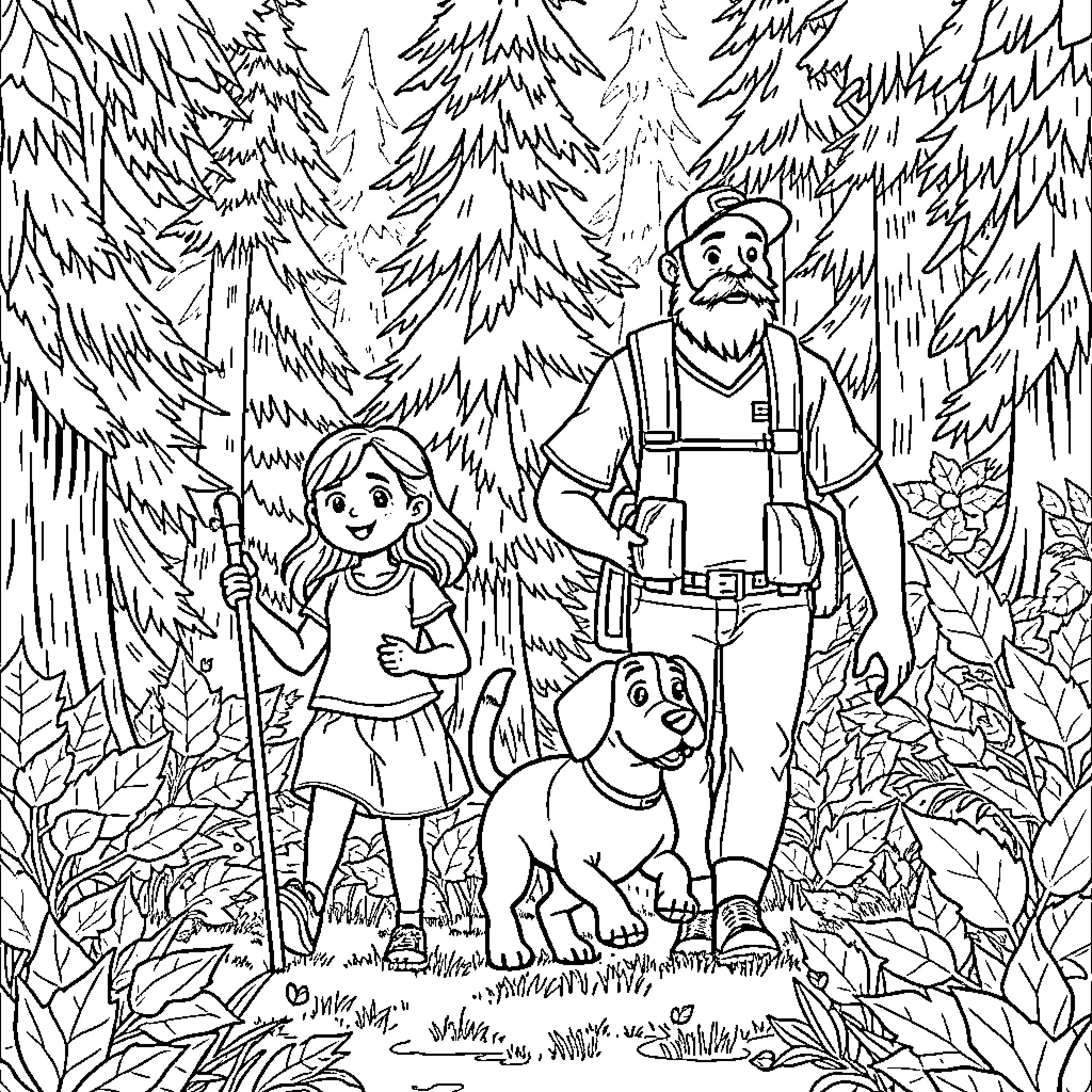 Girl and man exploring the wilderness with a dog Coloring Page (free black-and-white line drawing printable PDF for all, from beginners to advanced learners, including children, teens, adults, and seniors)