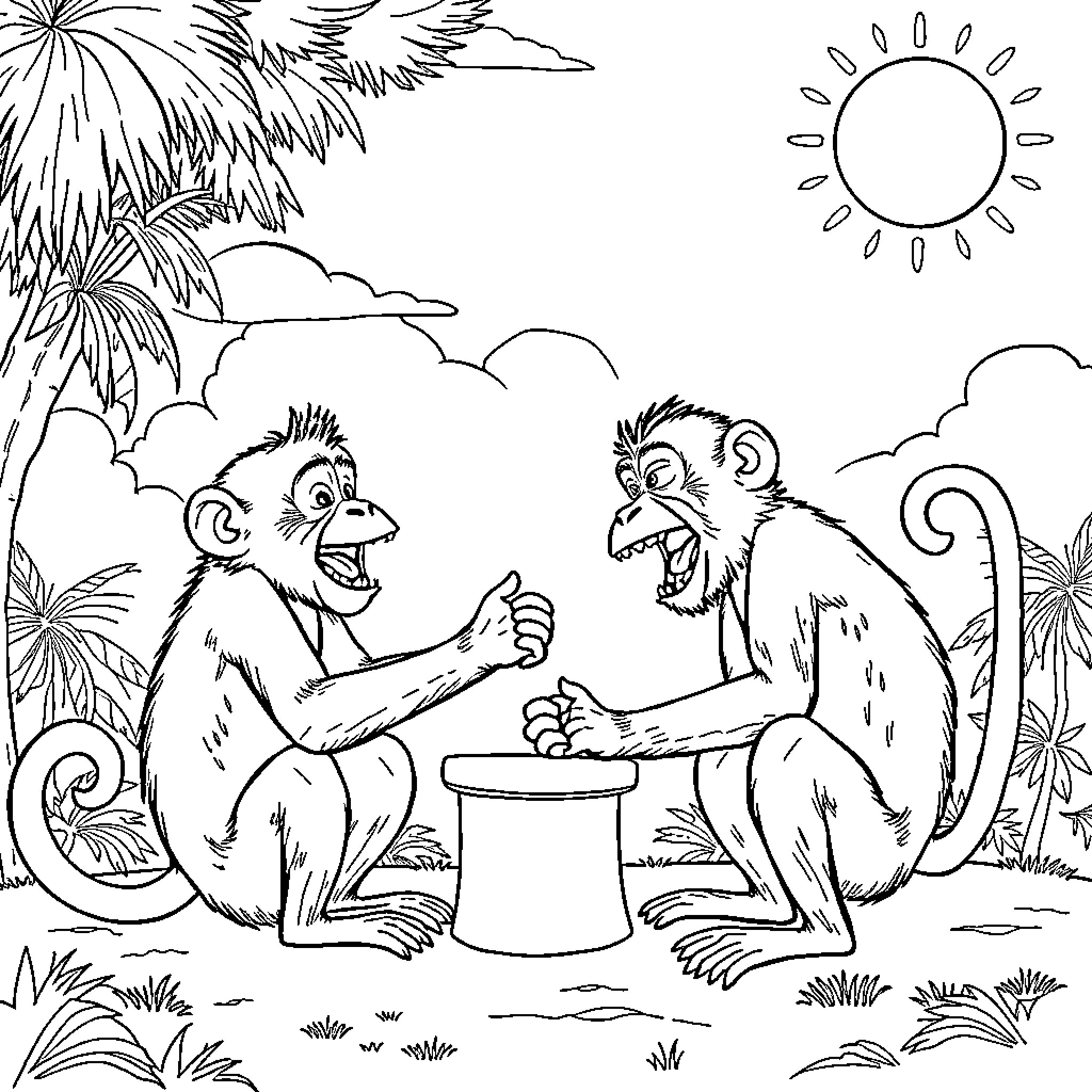 Monkeys playing a game in the jungle Coloring Page (free black-and-white line drawing printable PDF for all, from beginners to advanced learners, including children, teens, adults, and seniors)