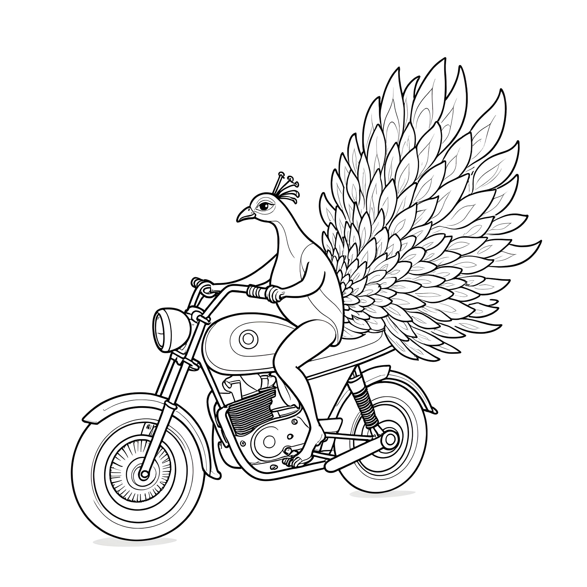 Peacock riding a motorcycle with wings Coloring Page (free black-and-white line drawing printable PDF for all, from beginners to advanced learners, including children, teens, adults, and seniors)