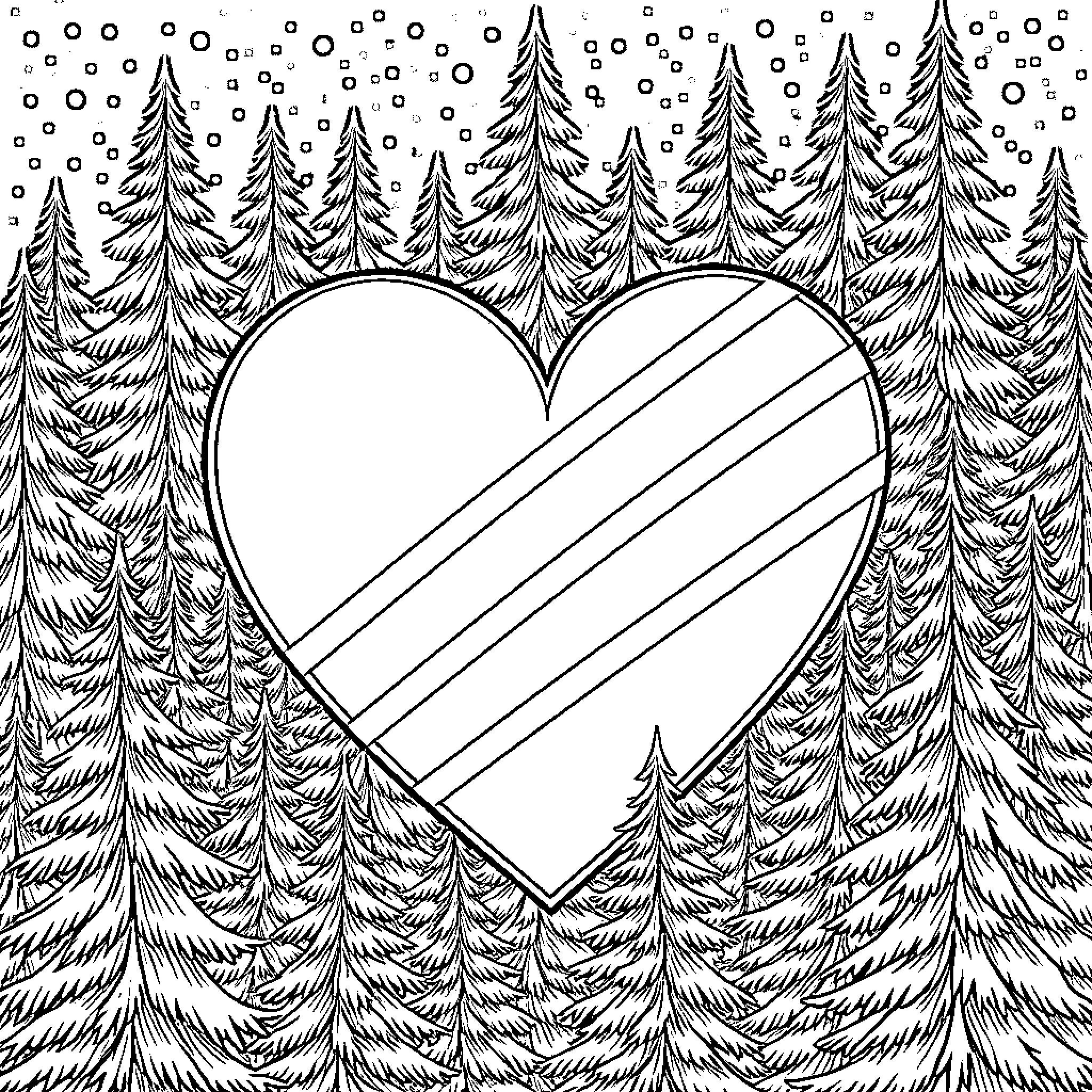 Heart Shaped Landscape with Snowy Pine Trees Coloring Page (free black-and-white line drawing printable PDF for all, from beginners to advanced learners, including children, teens, adults, and seniors)