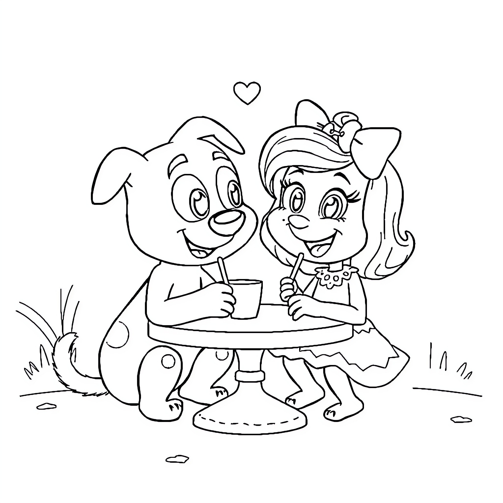 Bluey and Bingo having a tea party outdoors Coloring Page (free black-and-white line drawing printable PDF for all, from beginners to advanced learners, including children, teens, adults, and seniors)