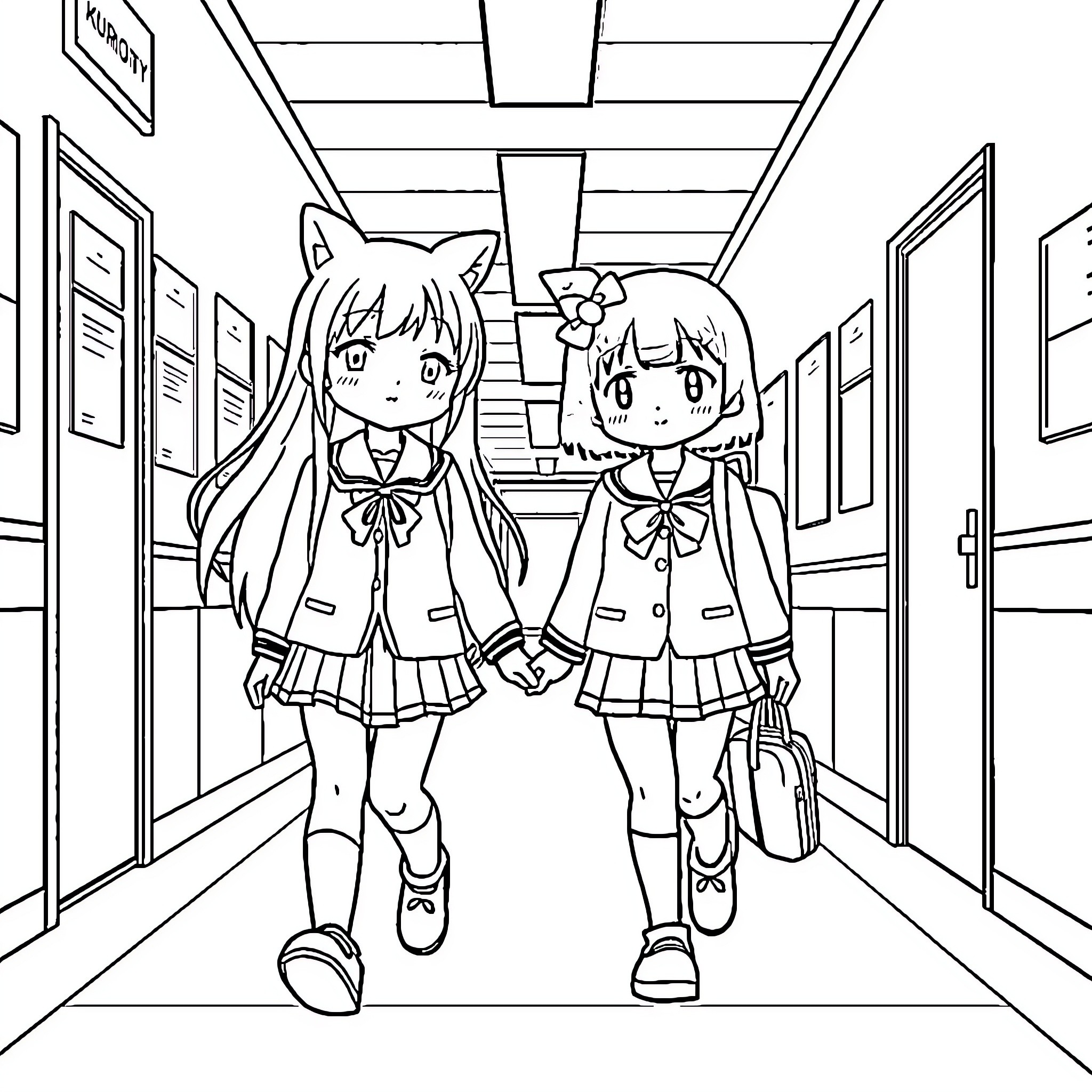 Kuromi and Friends Walking Through School Hallway Coloring Page (free black-and-white line drawing printable PDF for all, from beginners to advanced learners, including children, teens, adults, and seniors)