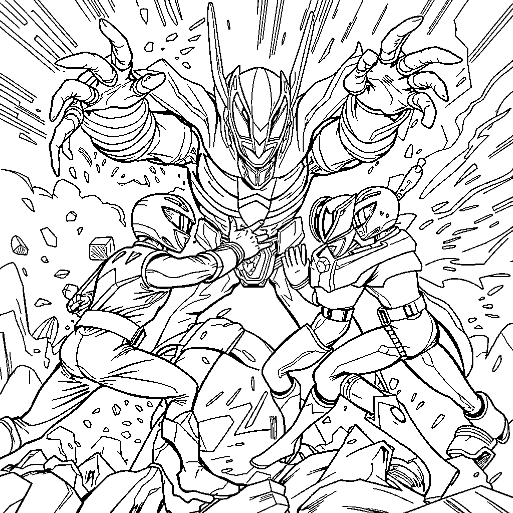 Power Ranger Heroes Unleashing Their Mighty Abilities Coloring Page (free black-and-white line drawing printable PDF for all, from beginners to advanced learners, including children, teens, adults, and seniors)