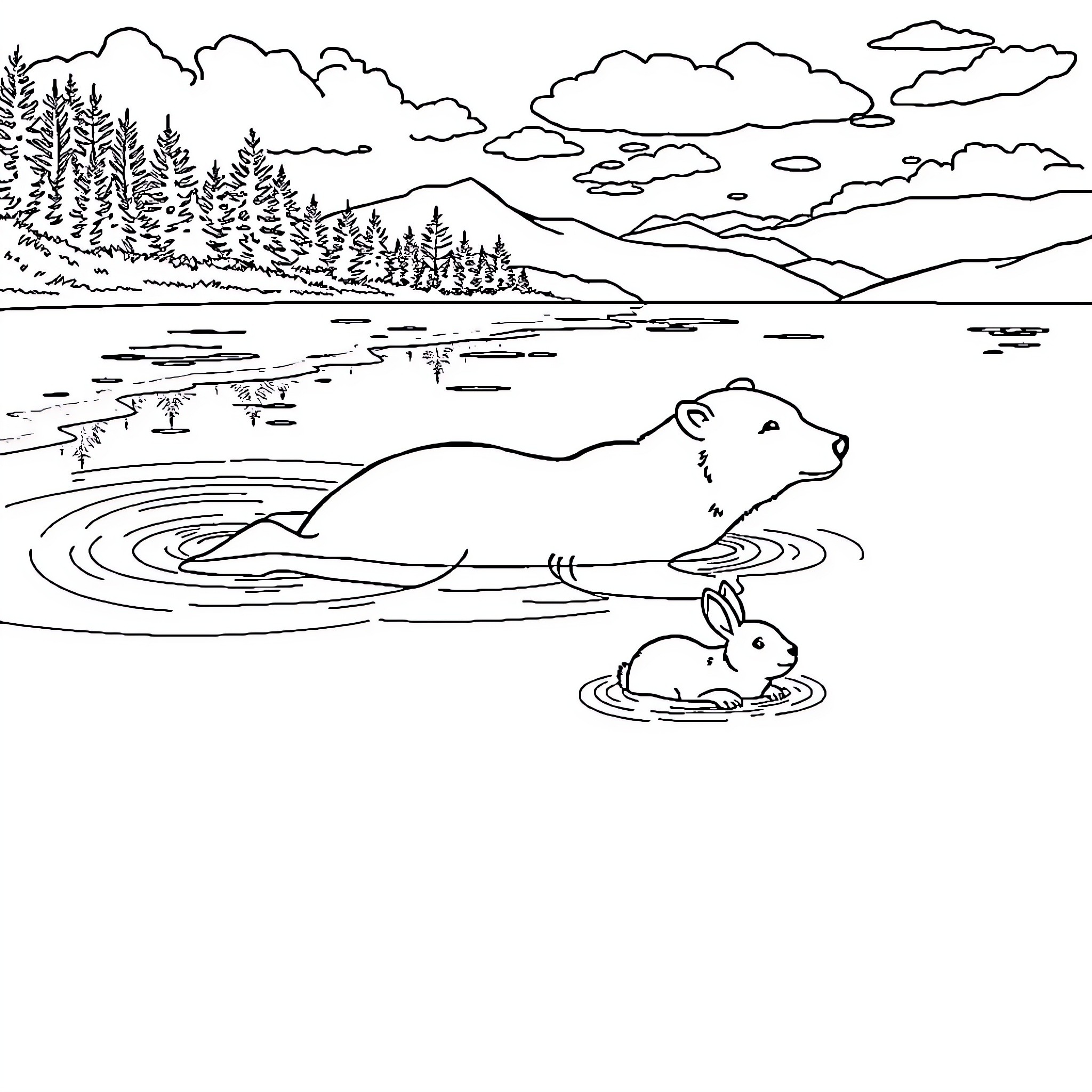 Polar Bear Relaxing in Lake with Baby Cub Coloring Page (free black-and-white line drawing printable PDF for all, from beginners to advanced learners, including children, teens, adults, and seniors)