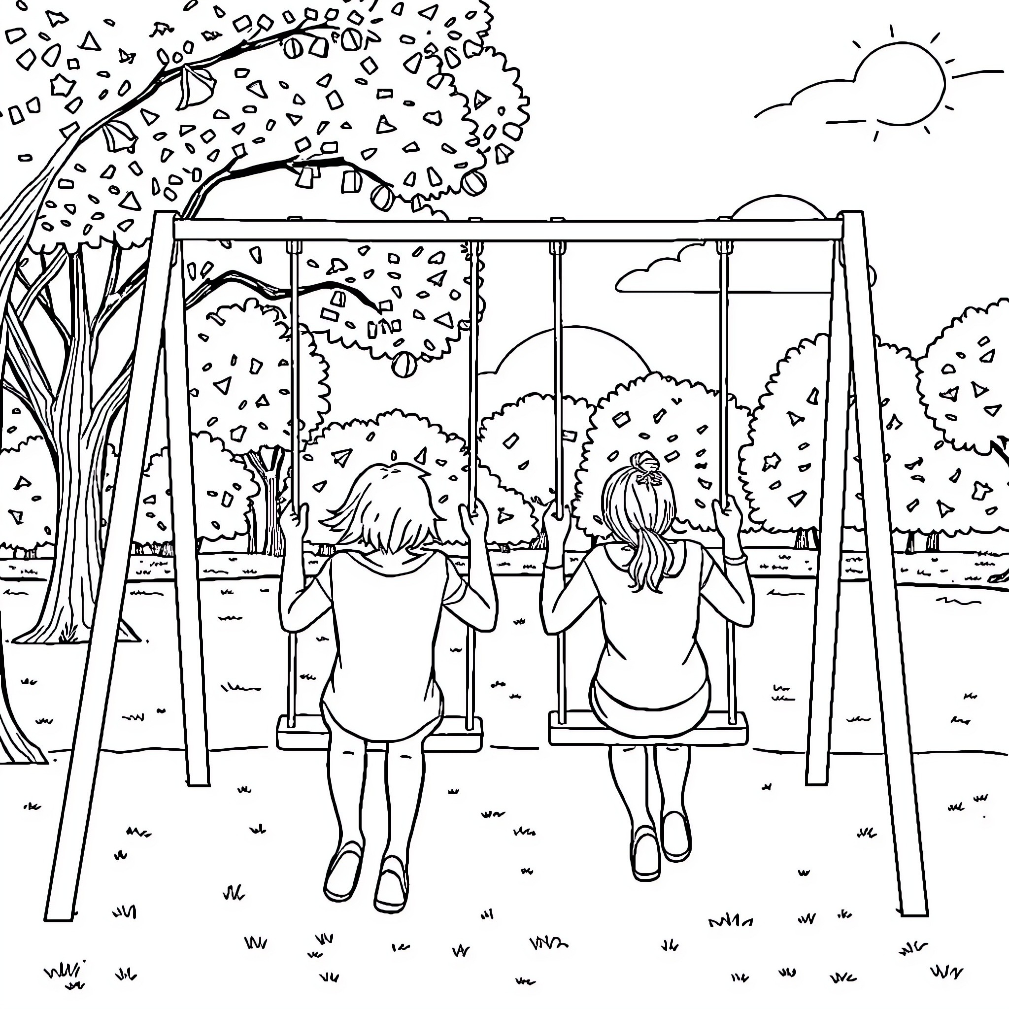 Person enjoying peaceful day in park on swings Coloring Page (free black-and-white line drawing printable PDF for all, from beginners to advanced learners, including children, teens, adults, and seniors)