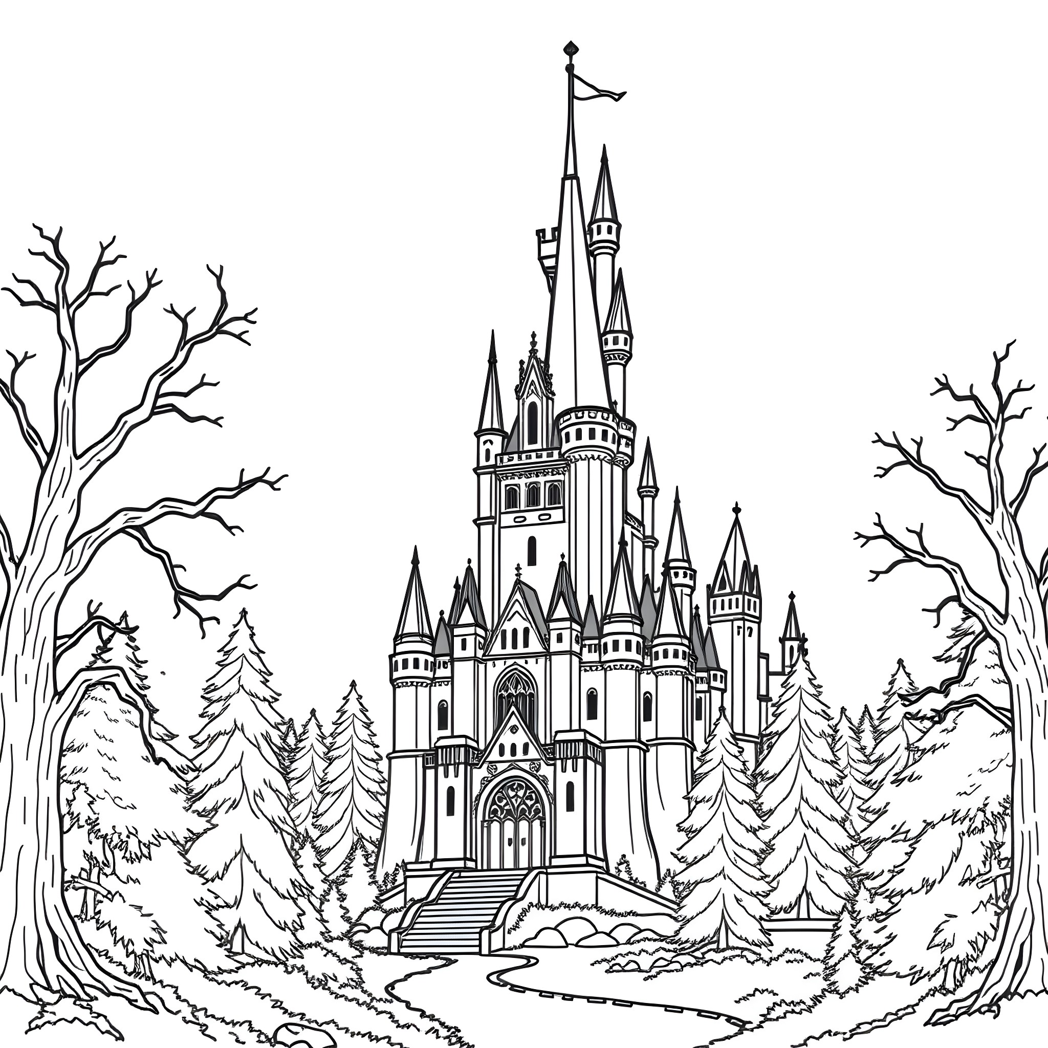 Castle in a Snowy Forest Landscape Coloring Page (free black-and-white line drawing printable PDF for all, from beginners to advanced learners, including children, teens, adults, and seniors)