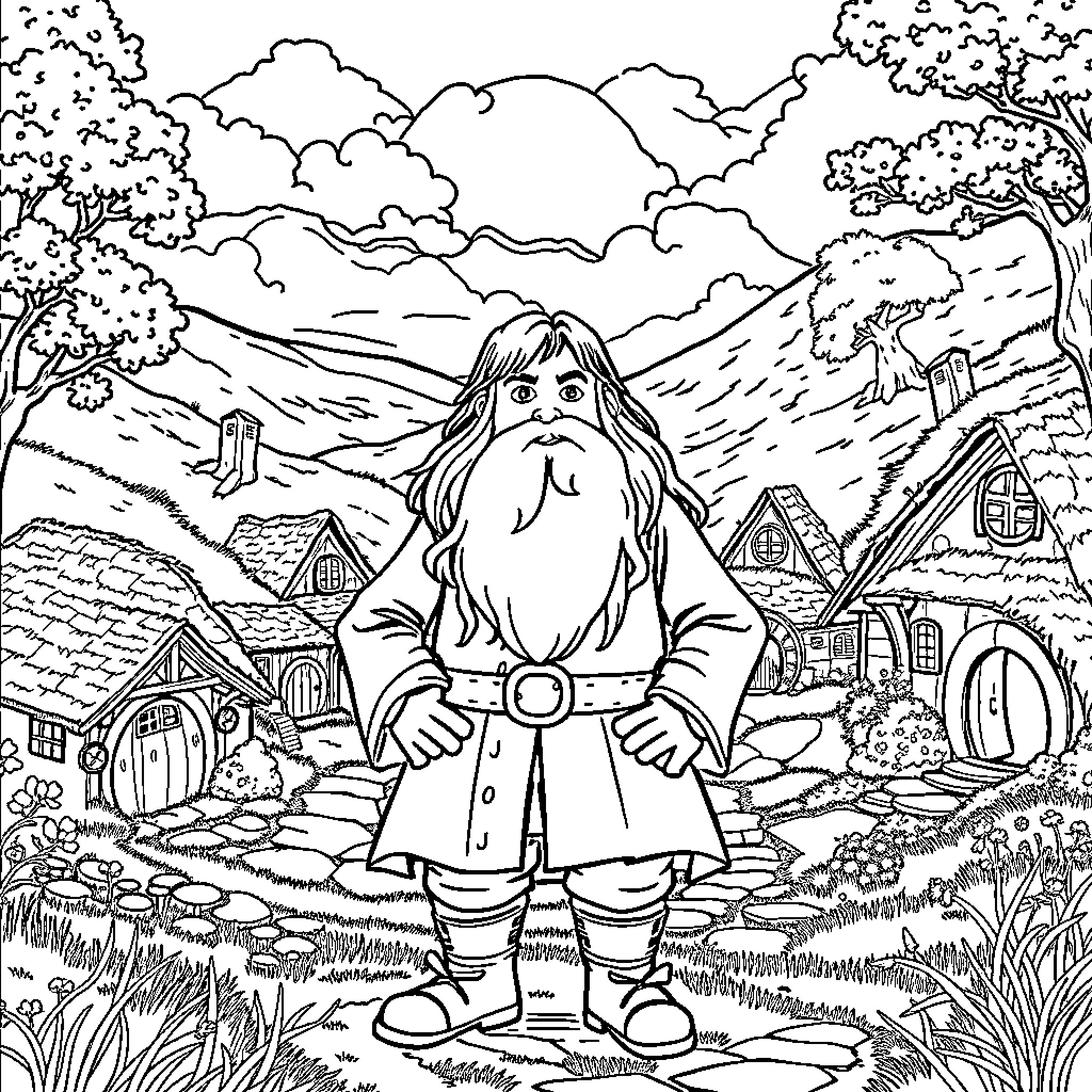 Hobbiton: A Whimsical Dwelling in the Misty Mountains Coloring Page (free black-and-white line drawing printable PDF for all, from beginners to advanced learners, including children, teens, adults, and seniors)