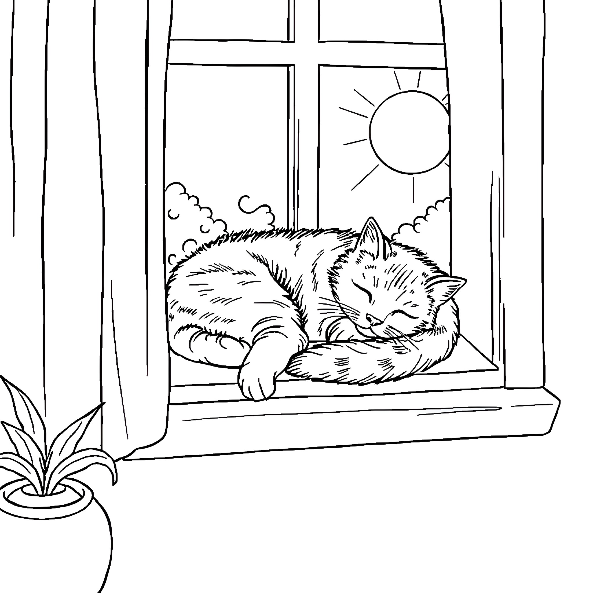 Cat sleeping peacefully in the window Coloring Page (free black-and-white line drawing printable PDF for all, from beginners to advanced learners, including children, teens, adults, and seniors)