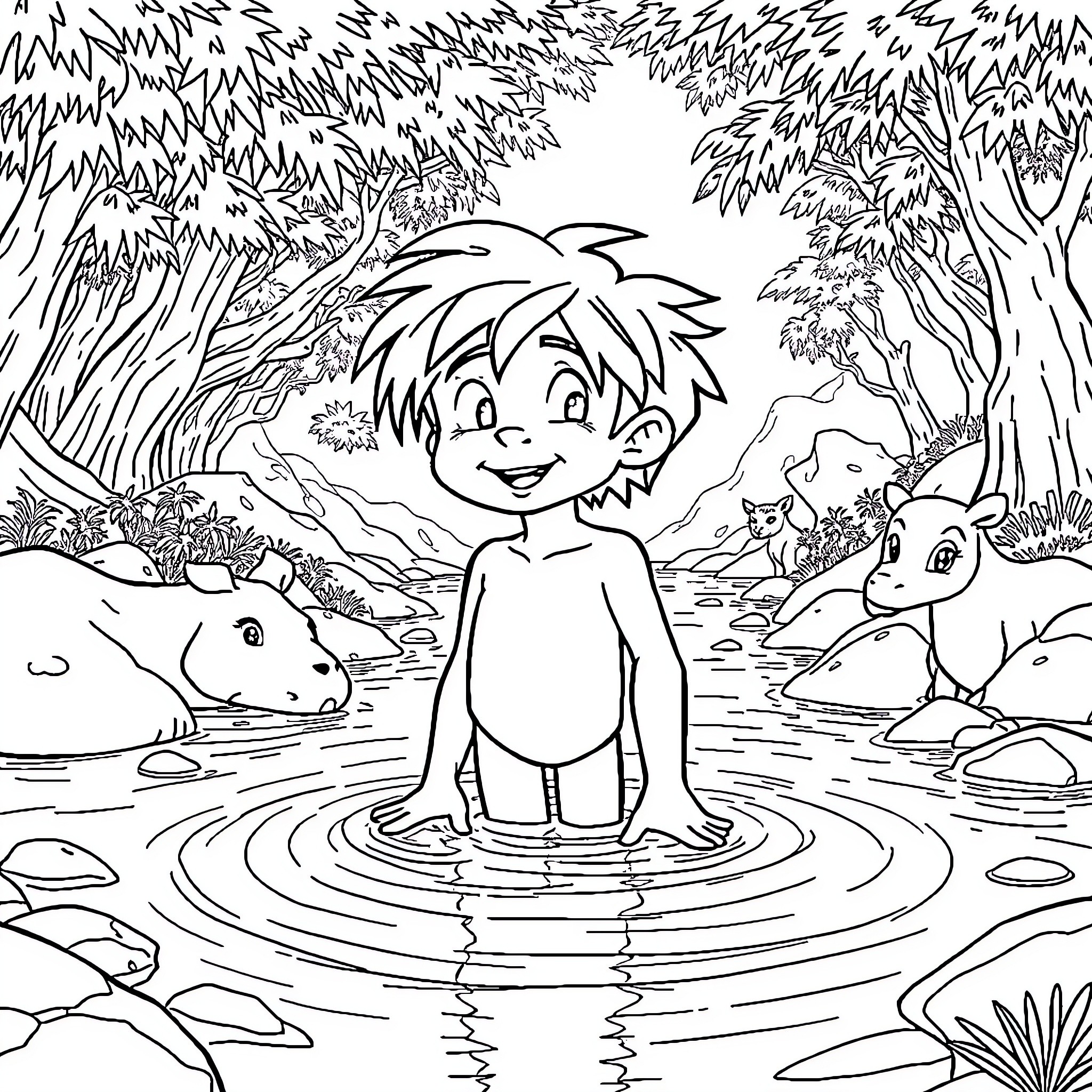 Mowgli playing in the jungle wilderness Coloring Page (free black-and-white line drawing printable PDF for all, from beginners to advanced learners, including children, teens, adults, and seniors)