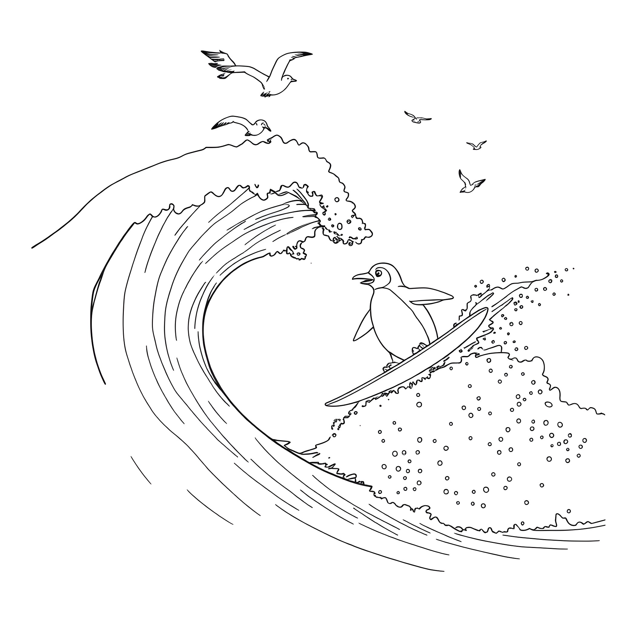 Cody Maverick surfing through the waves Coloring Page (free black-and-white line drawing printable PDF for all, from beginners to advanced learners, including children, teens, adults, and seniors)